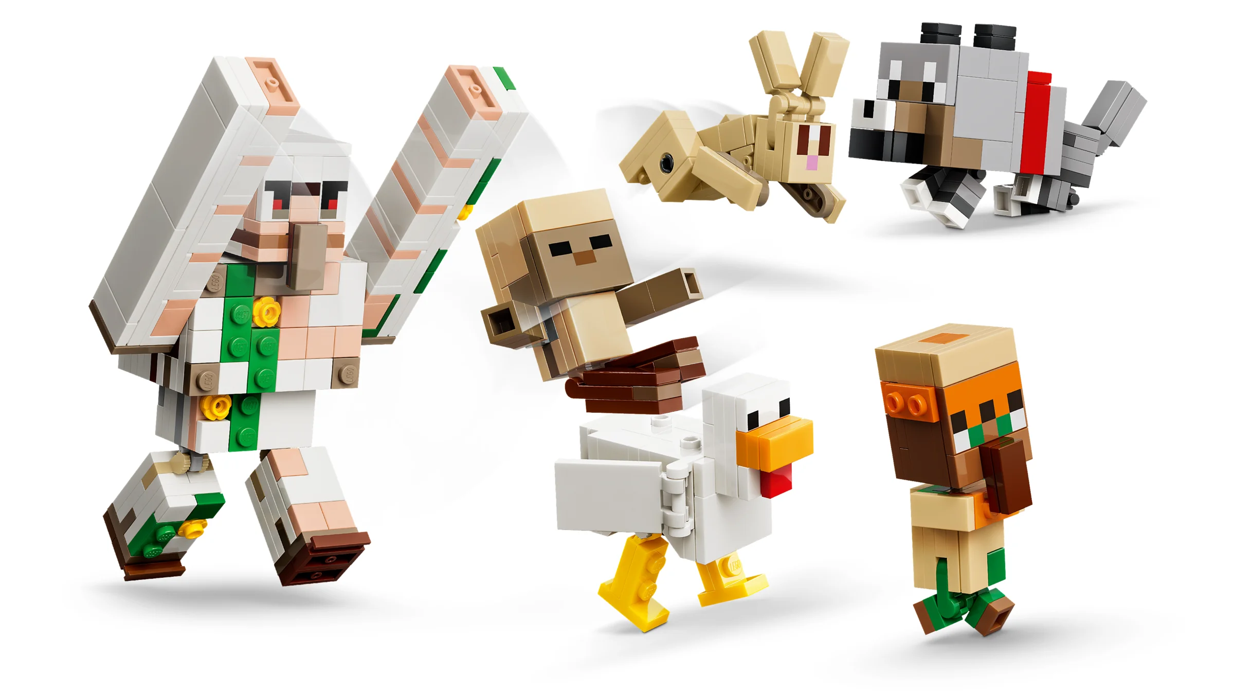 Imagine cu figurinele LEGO Minecraft: golem de deșert, hăitaș pe găină, iepure, lup și sătean.