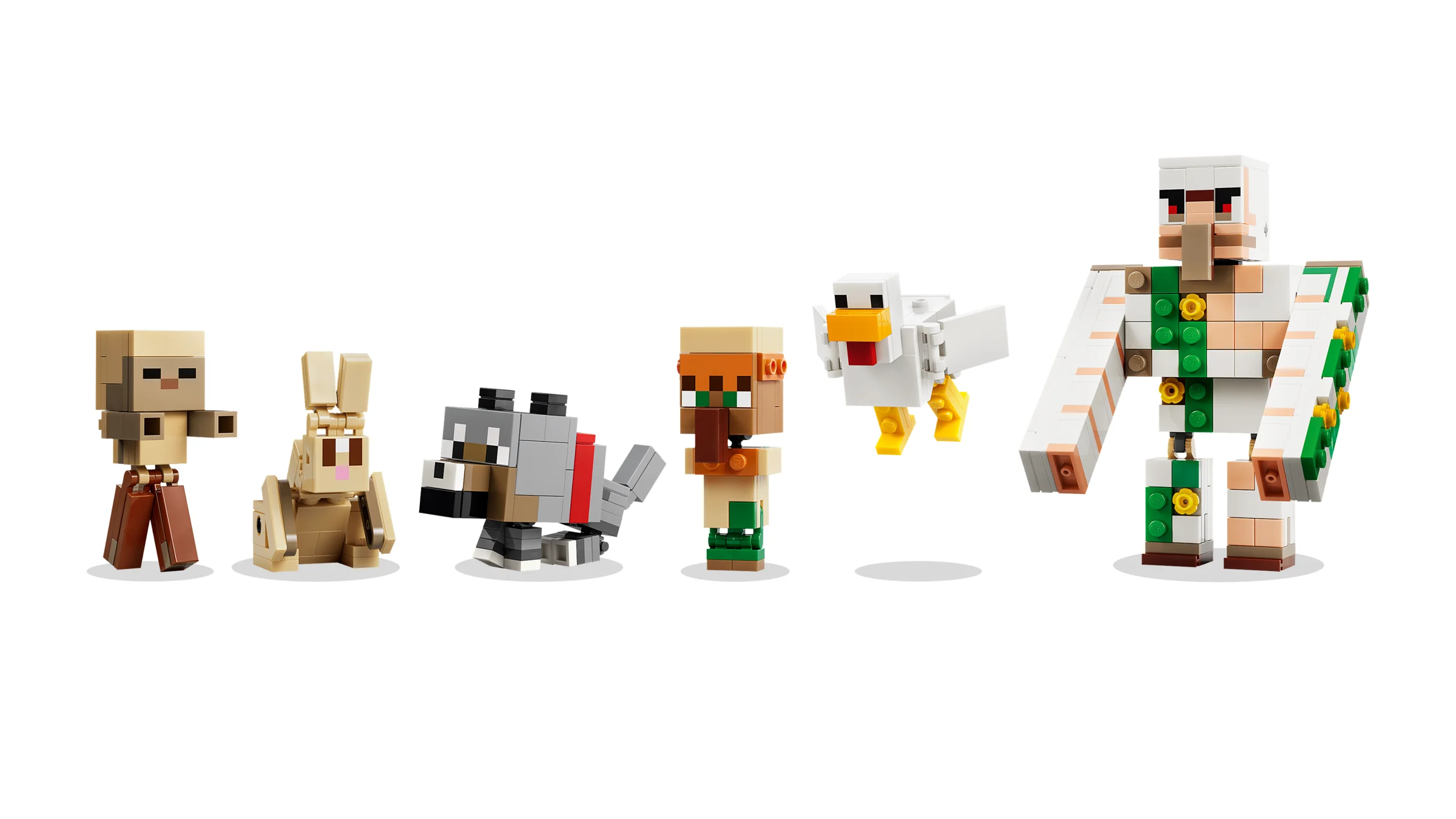 Imagine cu minifigurinele LEGO Minecraft: zombie, iepure, lup, sătean, găină și un golem de fier.