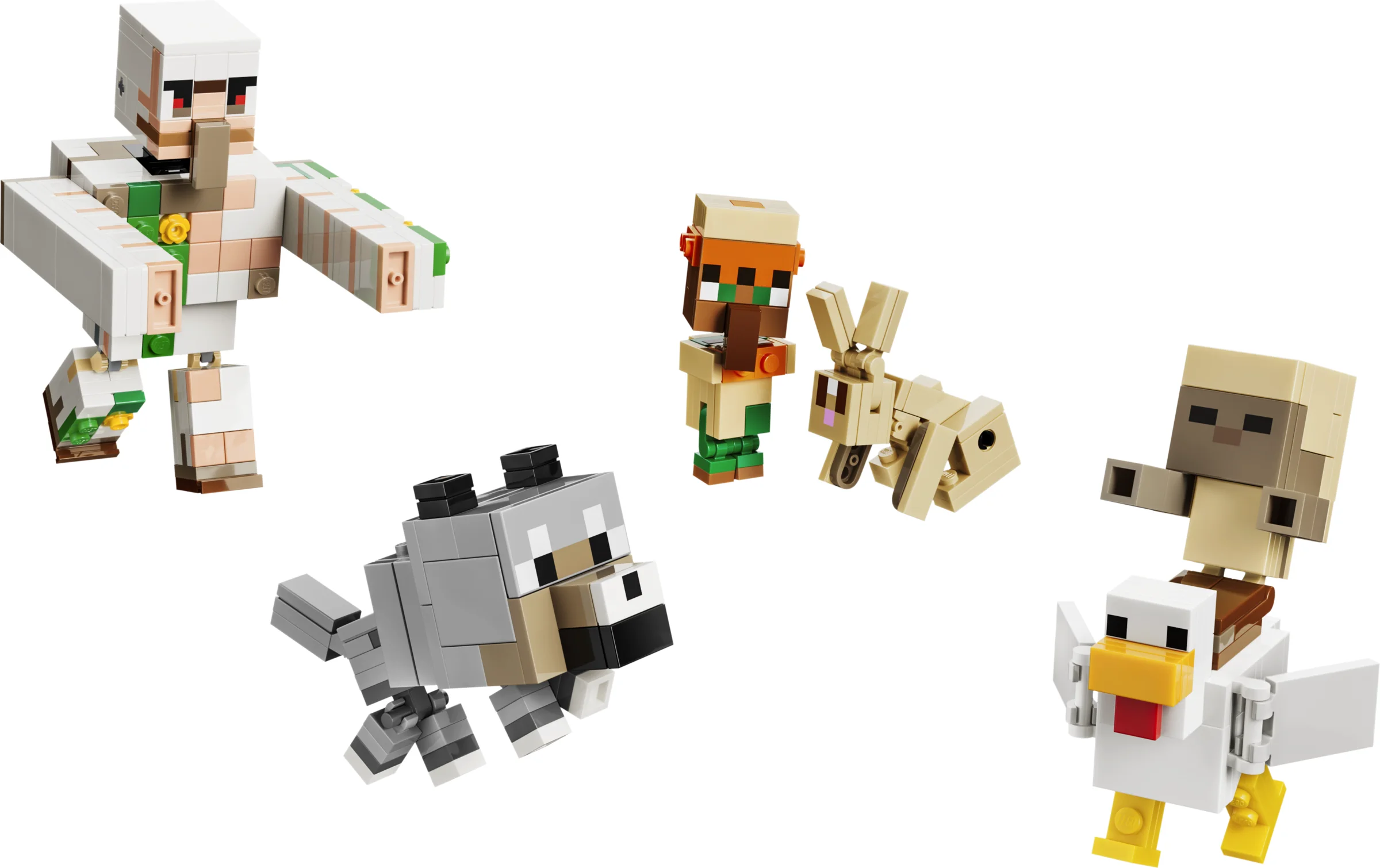 Prezentare minifigurine LEGO Minecraft: golem, sătean, iepure, lup și găină cu jockey zombi.