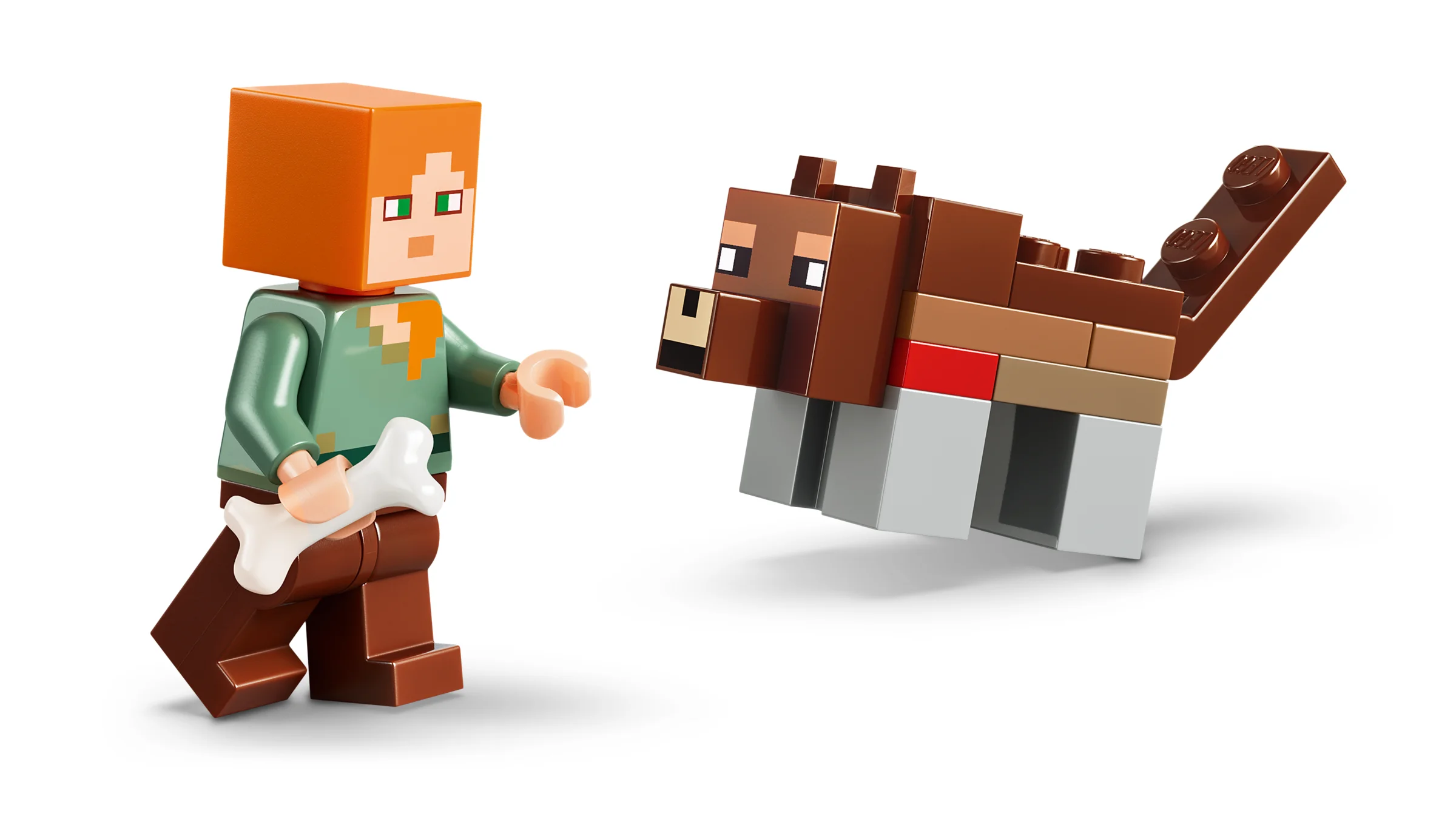 Alex și lupul construiți din cărămizi LEGO Minecraft interacționează cu un os.