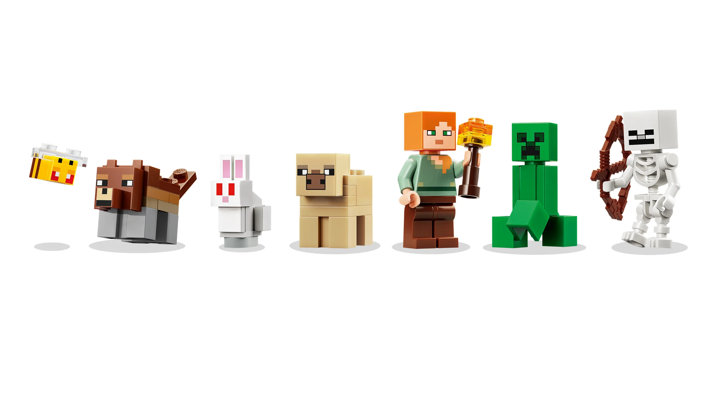 Prezentare a minifigurinelor și animalelor LEGO Minecraft din setul 21593.