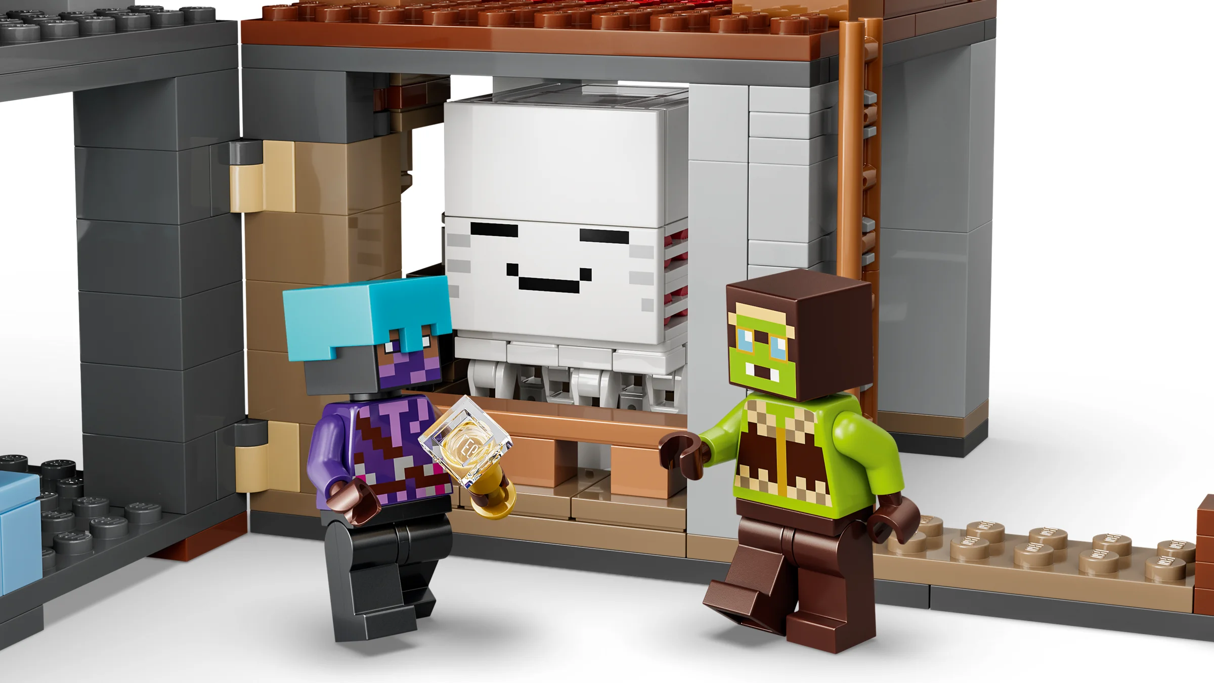 Minifigurine Minecraft la stația Ghast. Imagine detaliată a personajelor și stației.