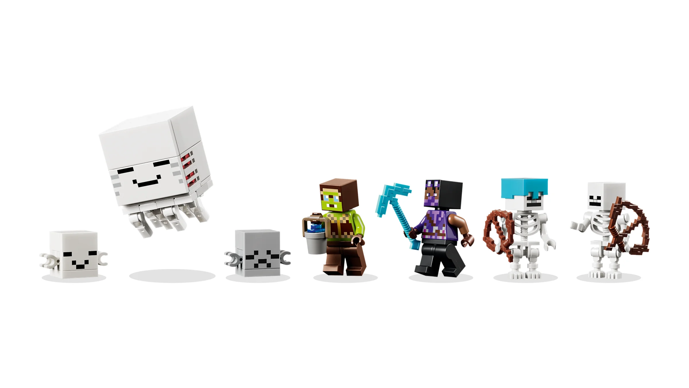 Minifigurinele LEGO Minecraft Ghast Station: Ghast, Zombie, Miner Piglin și 2 schelete.
