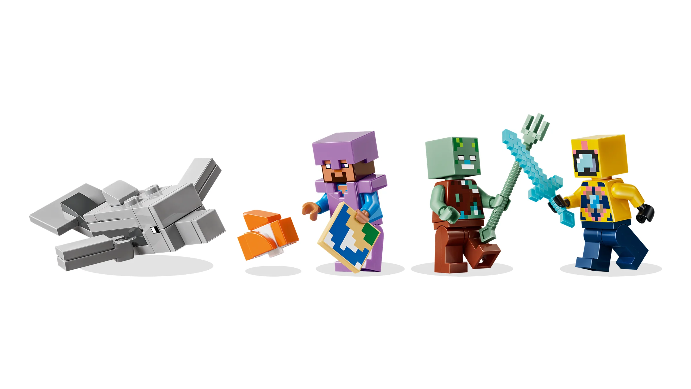 Imagine cu figurinele și creaturile marine din setul LEGO Minecraft 21598.