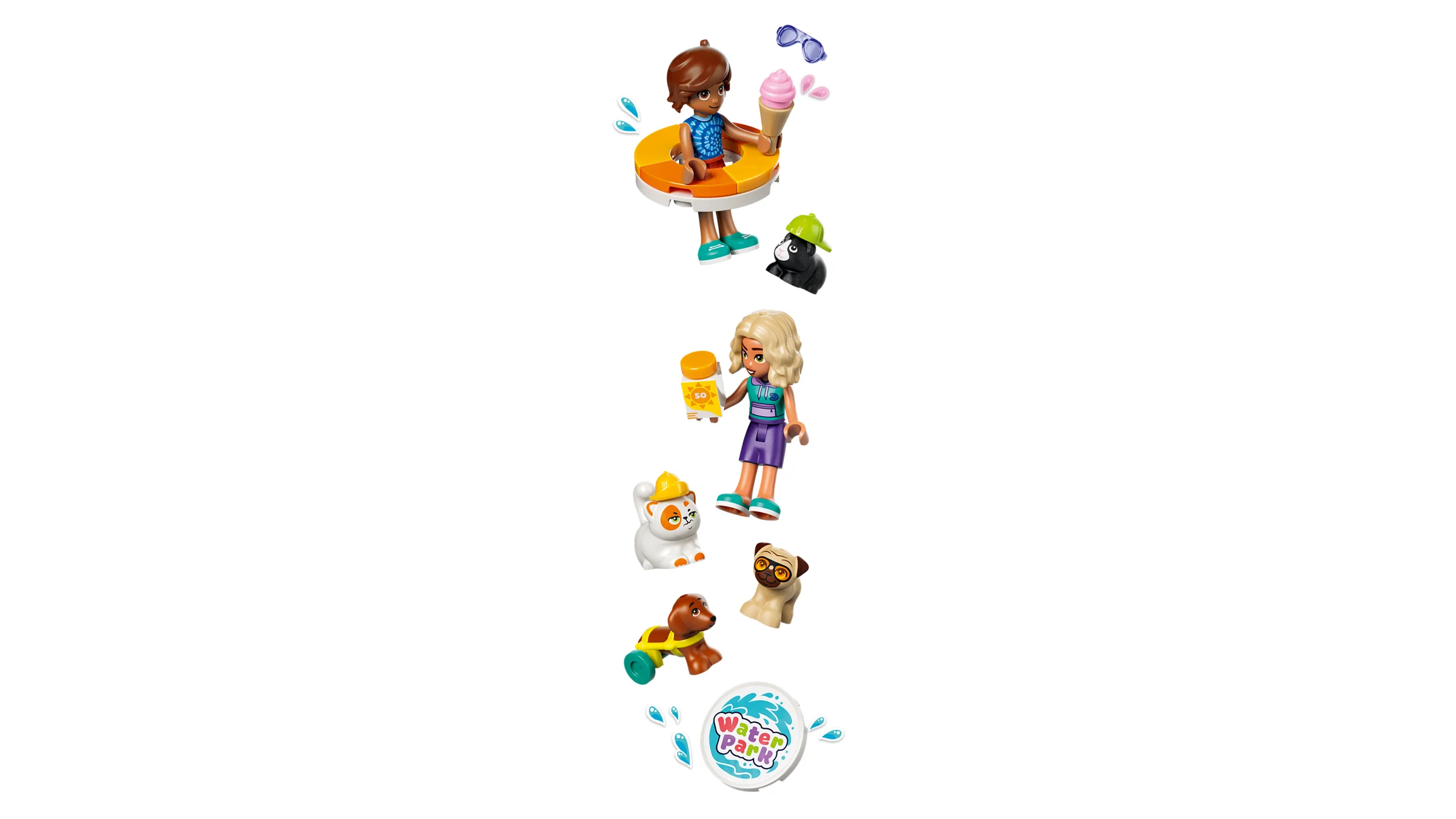 Imagine cu minifigurinele și animalele de companie din setul LEGO Friends: Distracție la parcul acvatic.