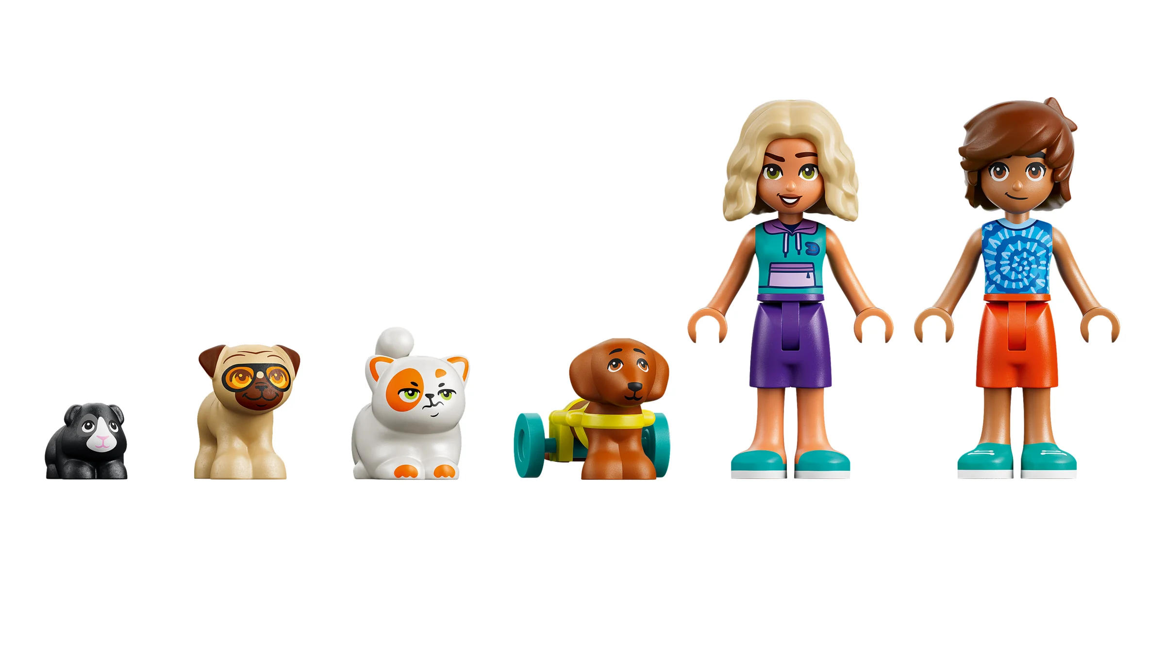Prim plan cu mini-figurinele și animăluțele LEGO Friends din setul 42676.