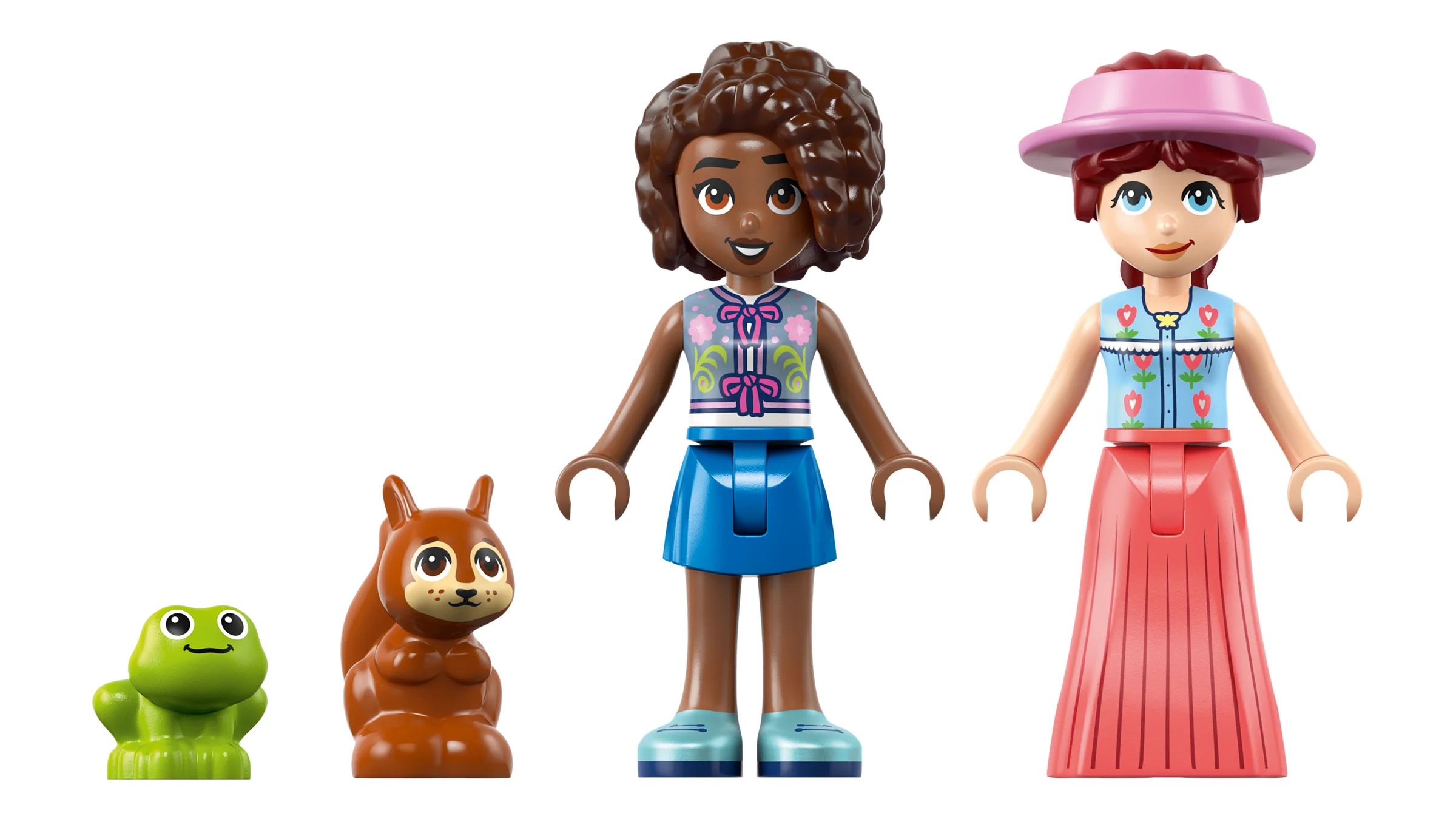 Imagine cu mini-figurinele și animalele LEGO Friends din setul 42690: fetițe, veveriță și broască.