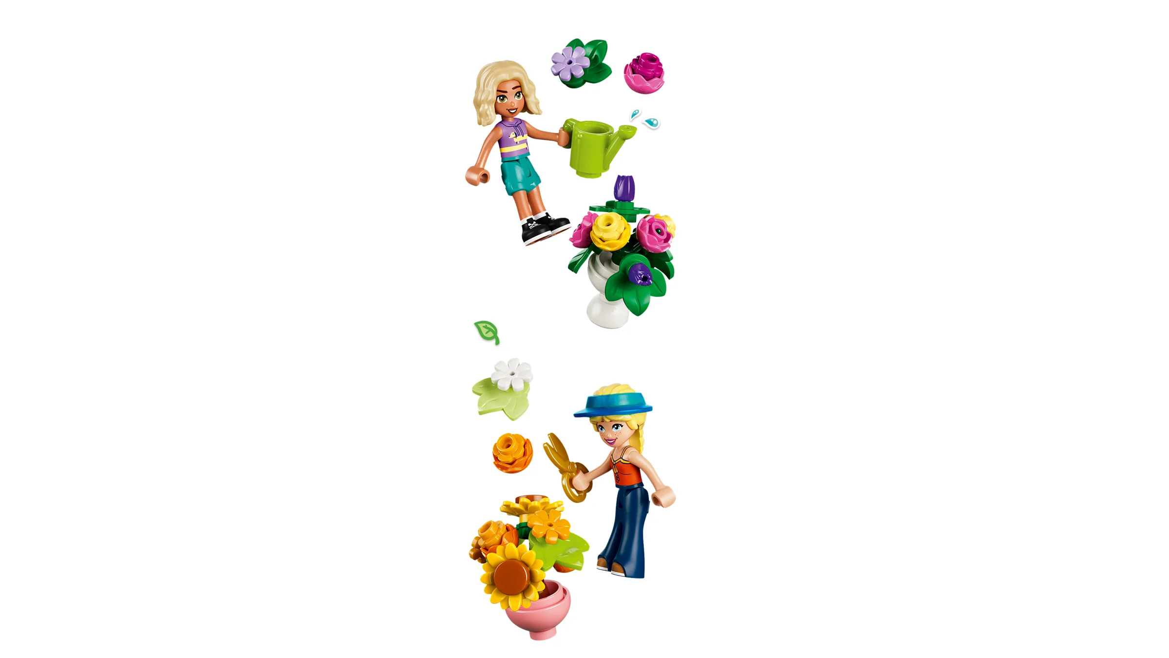 Două figurine LEGO Friends creează aranjamente florale colorate.