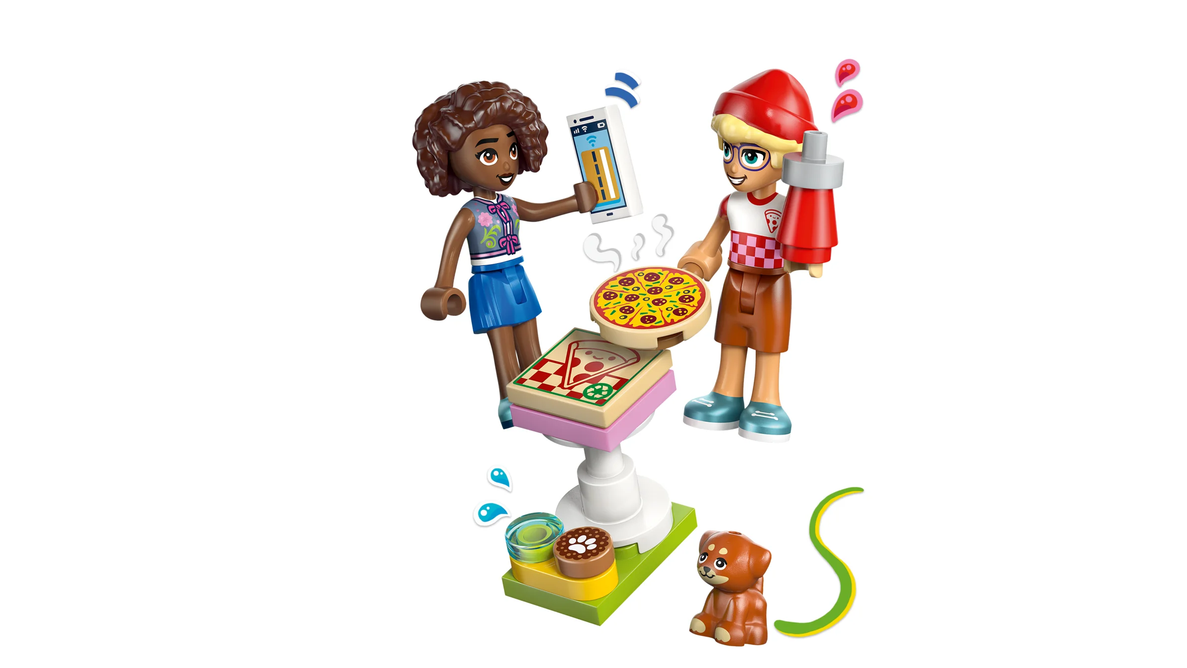 Imagine cu două mini-figuri LEGO Friends și accesorii de pizza, inclusiv un cățeluș.