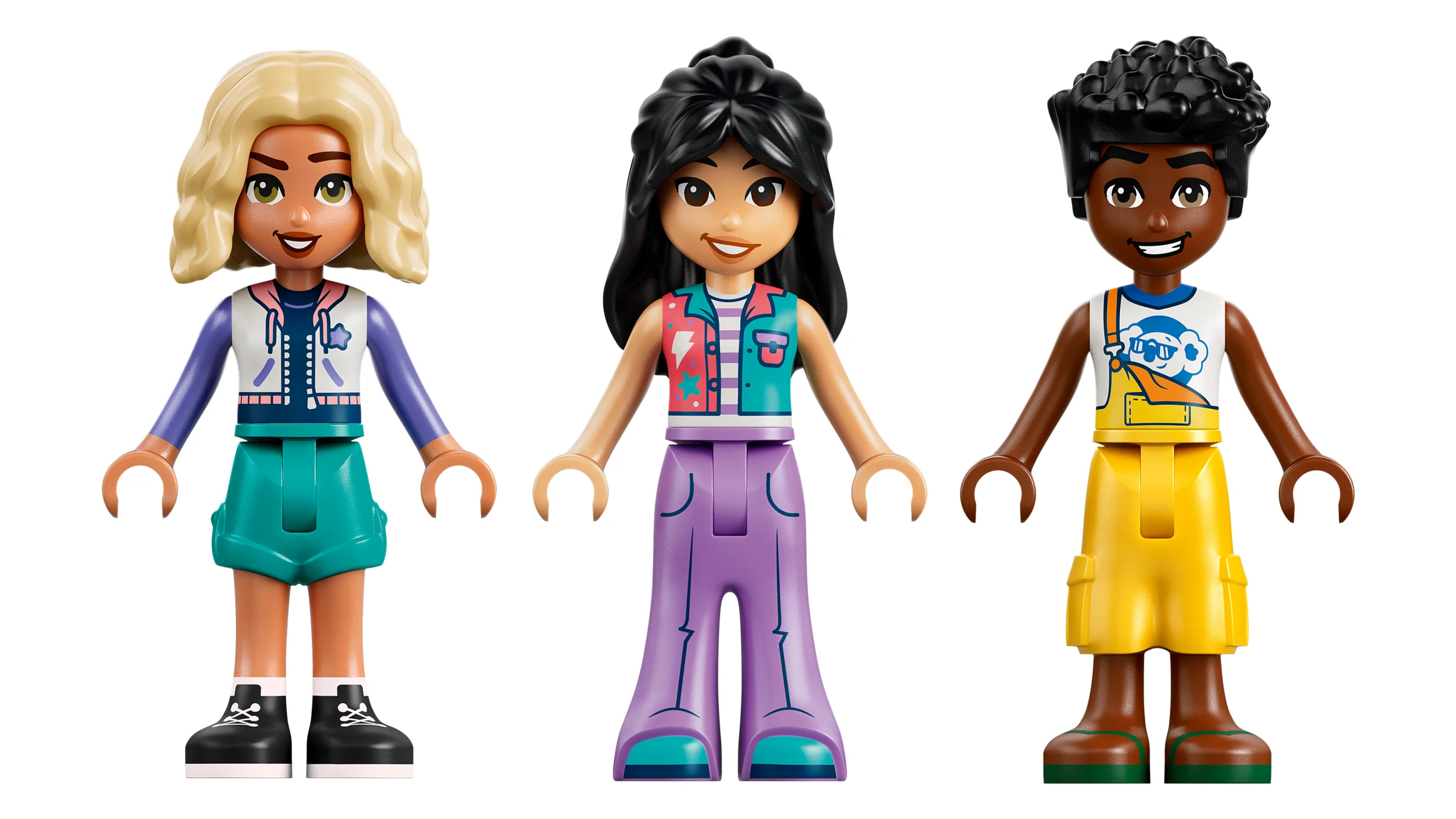 Prezentare a trei mini-figurine LEGO Friends, fiecare cu stil propriu, colorată și detaliată.
