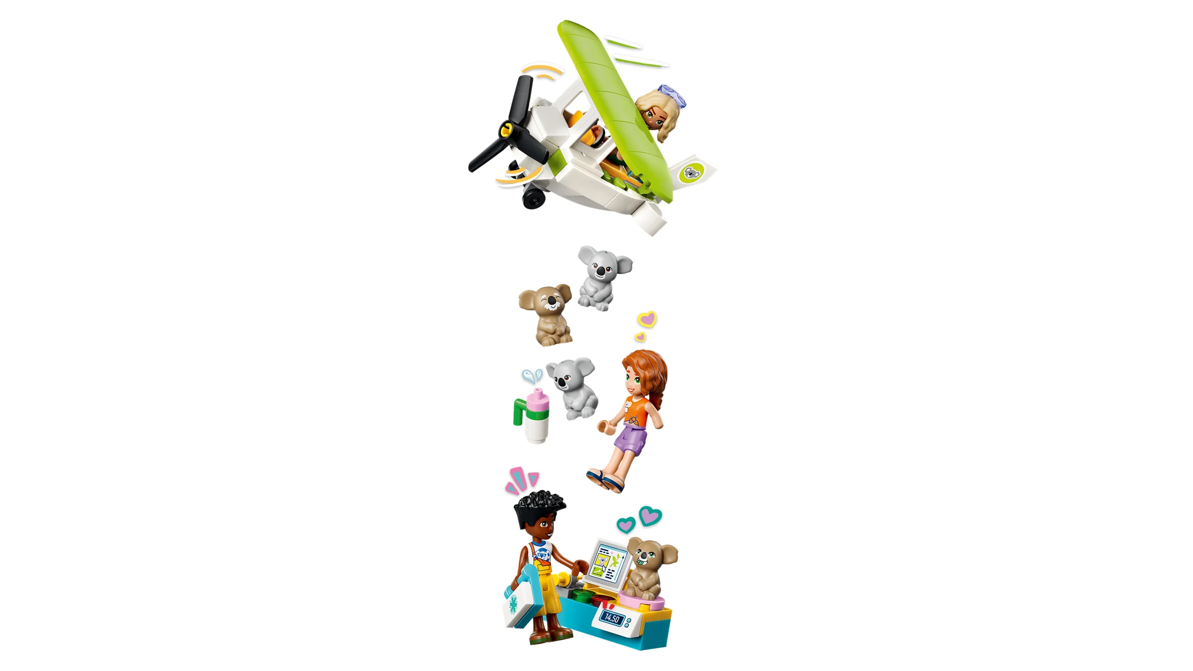 Prezentare figurine și accesorii din setul 42701, Koala Habitat & Care Centre.