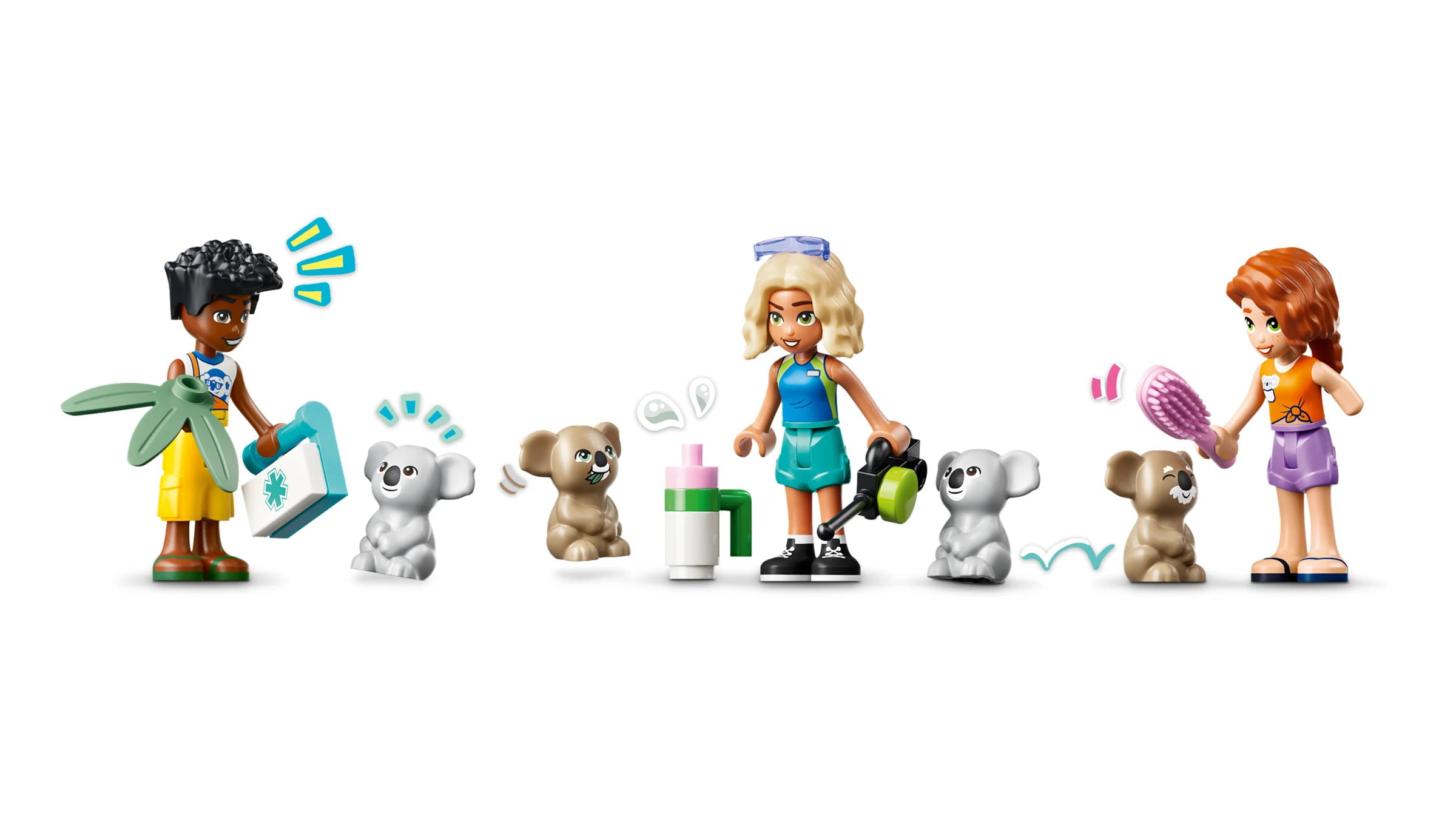 Prezentare cu mini-figurinele și koala din setul LEGO Friends 42701, la centrul de îngrijire.
