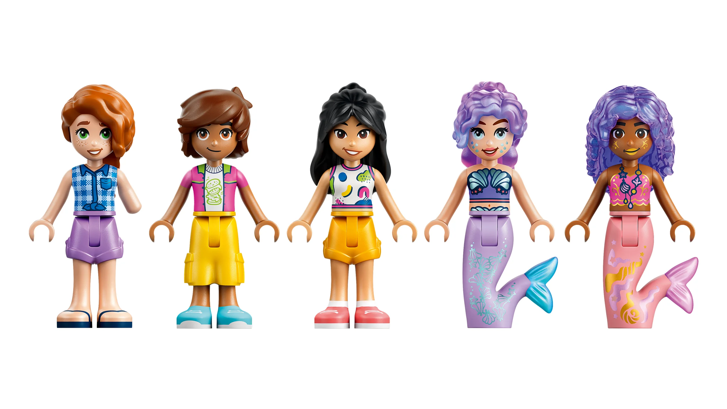 Imagine cu cele 5 minifigurine din setul LEGO Friends 42703, incluzând 2 sirene.