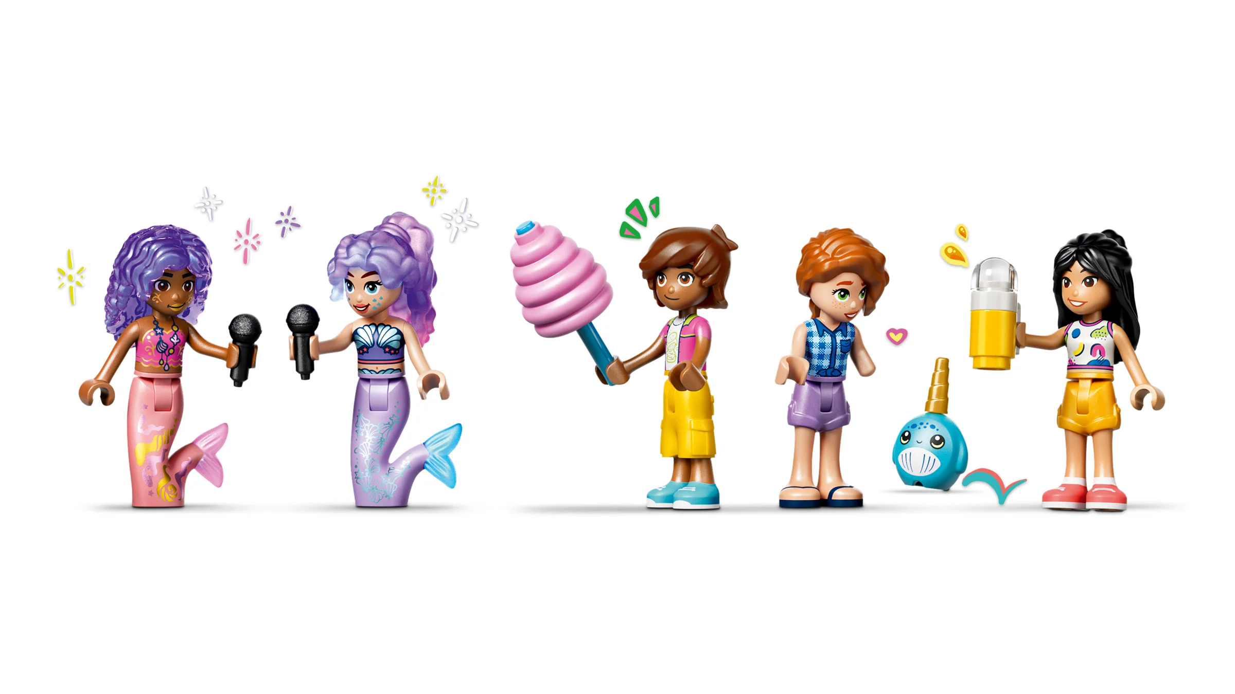 Imagine cu toate cele cinci minifigurine din setul 42703: Mermaide și Friends, plus accesorii.