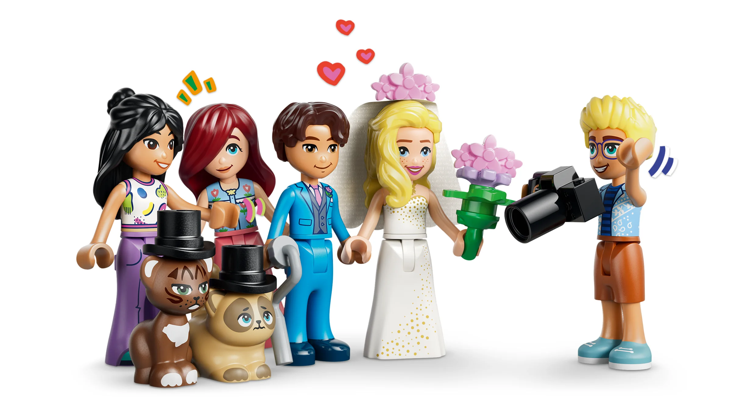 Imagine cu figurinele LEGO Friends la o nuntă, mireasă, mire și fotograf.