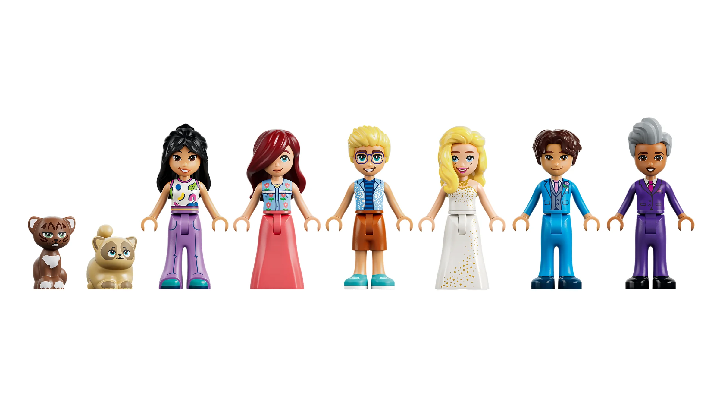 Personaje LEGO Friends, inclusiv pisici și minifigurine umane, prezentate frontal.