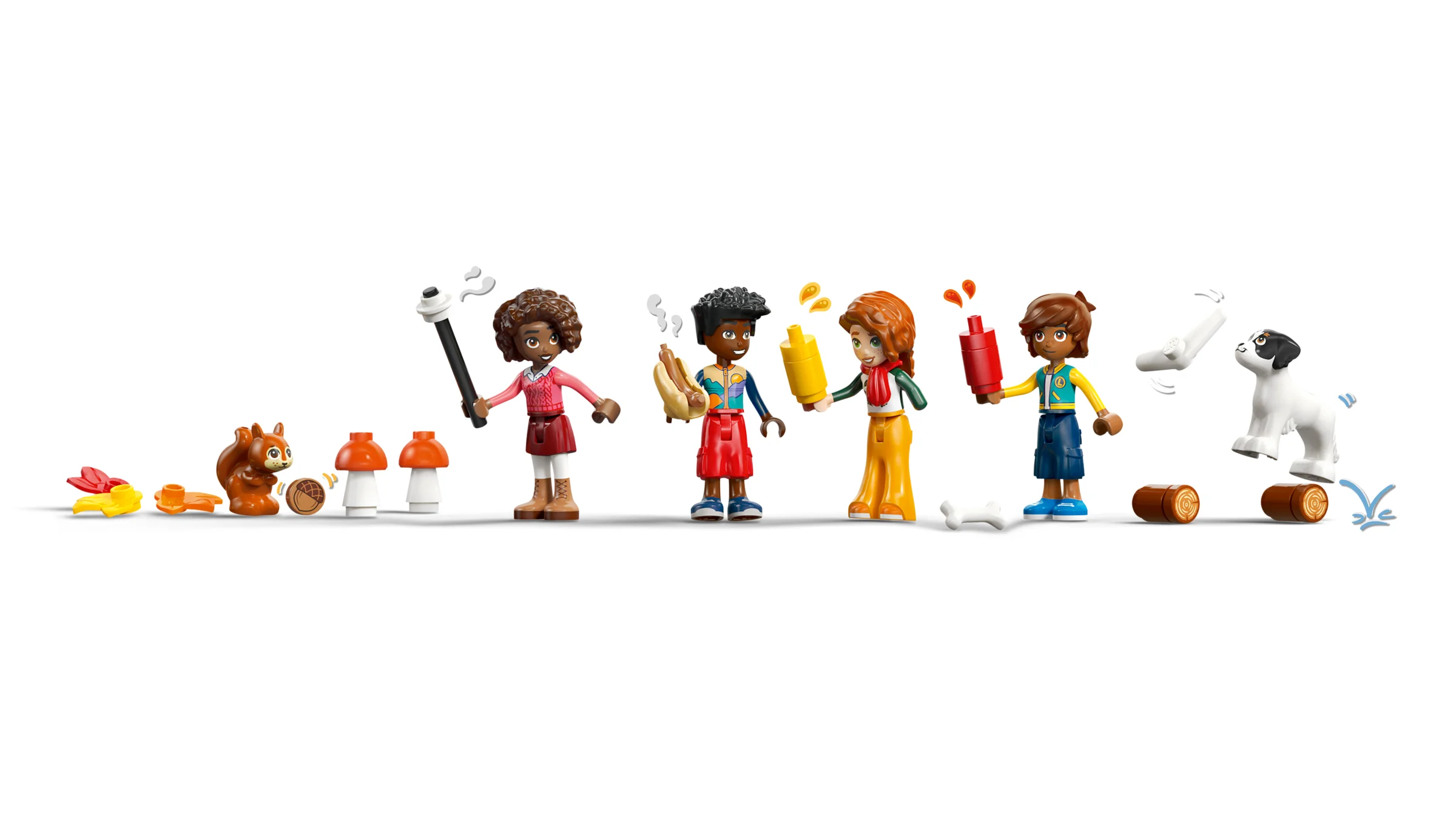 Imagine cu minifigurinele și accesoriile setului LEGO Friends 42705, într-un aranjament pe fundal alb.