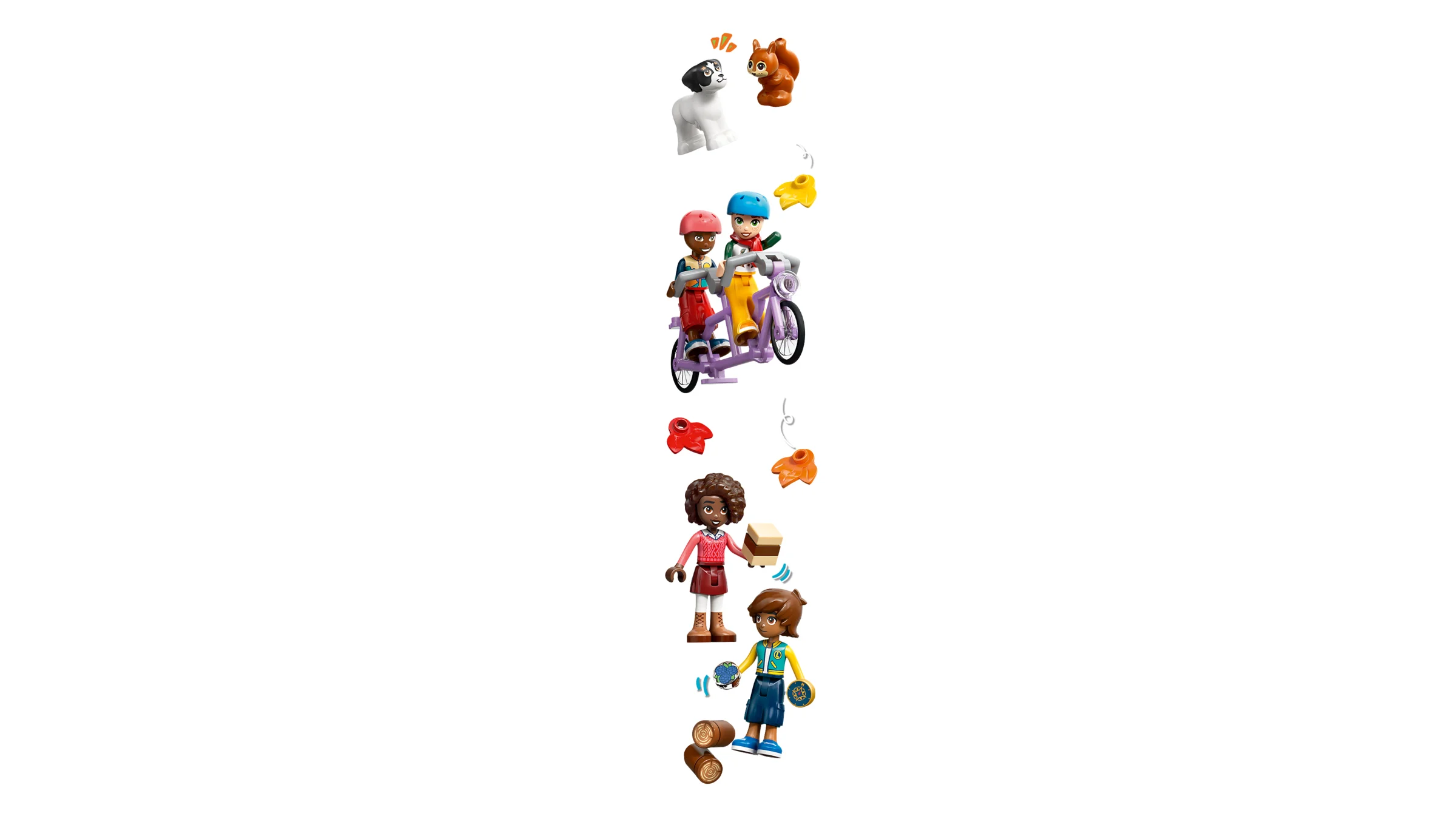 Imagine cu minifigurinele și animalele din setul LEGO Friends. Include bicicleta tandem și lemne.