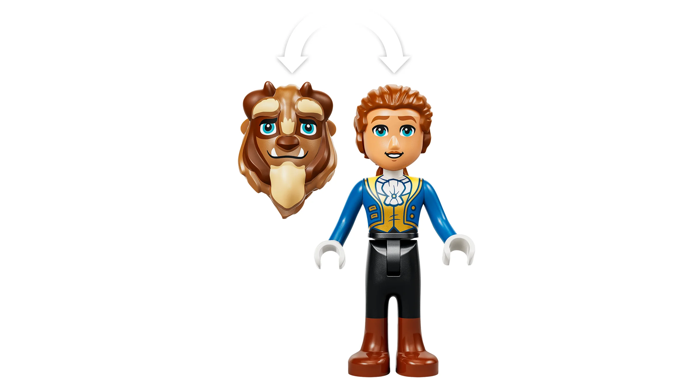 Mini-figurina LEGO a lui Belle/Bestia, arătând transformarea cu masca Bestiei detașabilă.