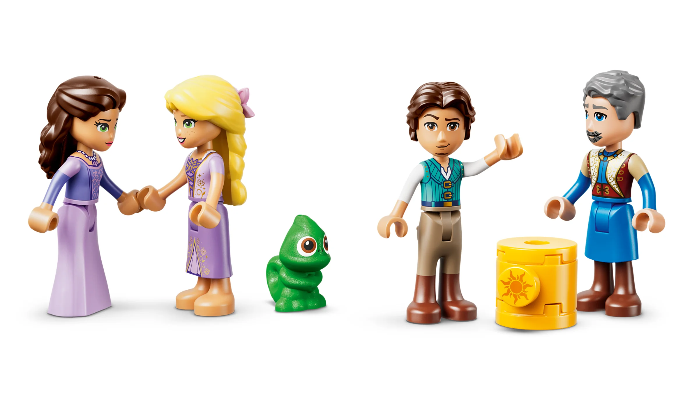 Prezentare minifigurine: Rapunzel, Cassandra, Flynn și Regele Frederic, plus Pascal.