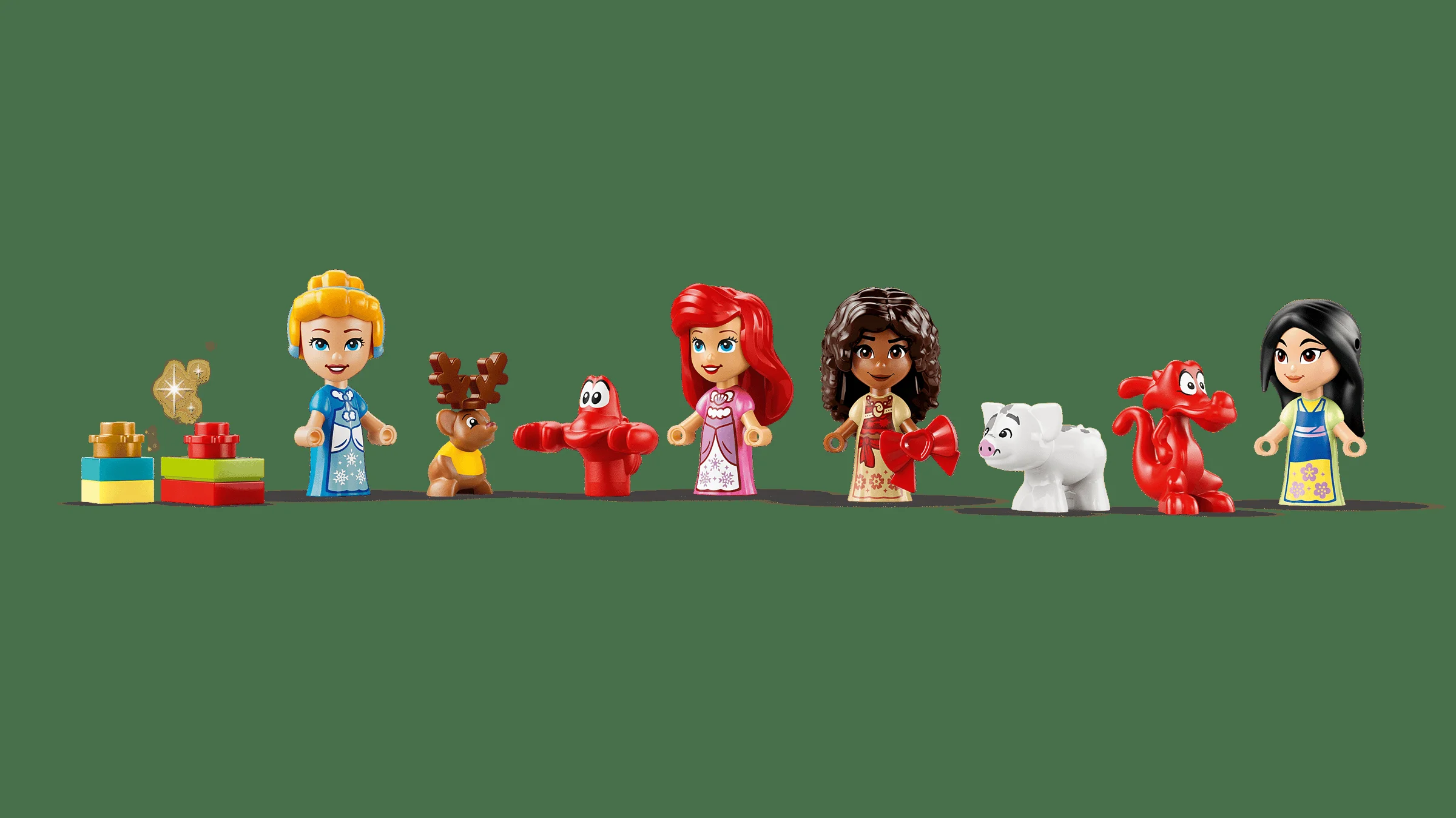 Prezentare cu mini-figurine și construcții mici din calendarul de advent Disney LEGO 43298.