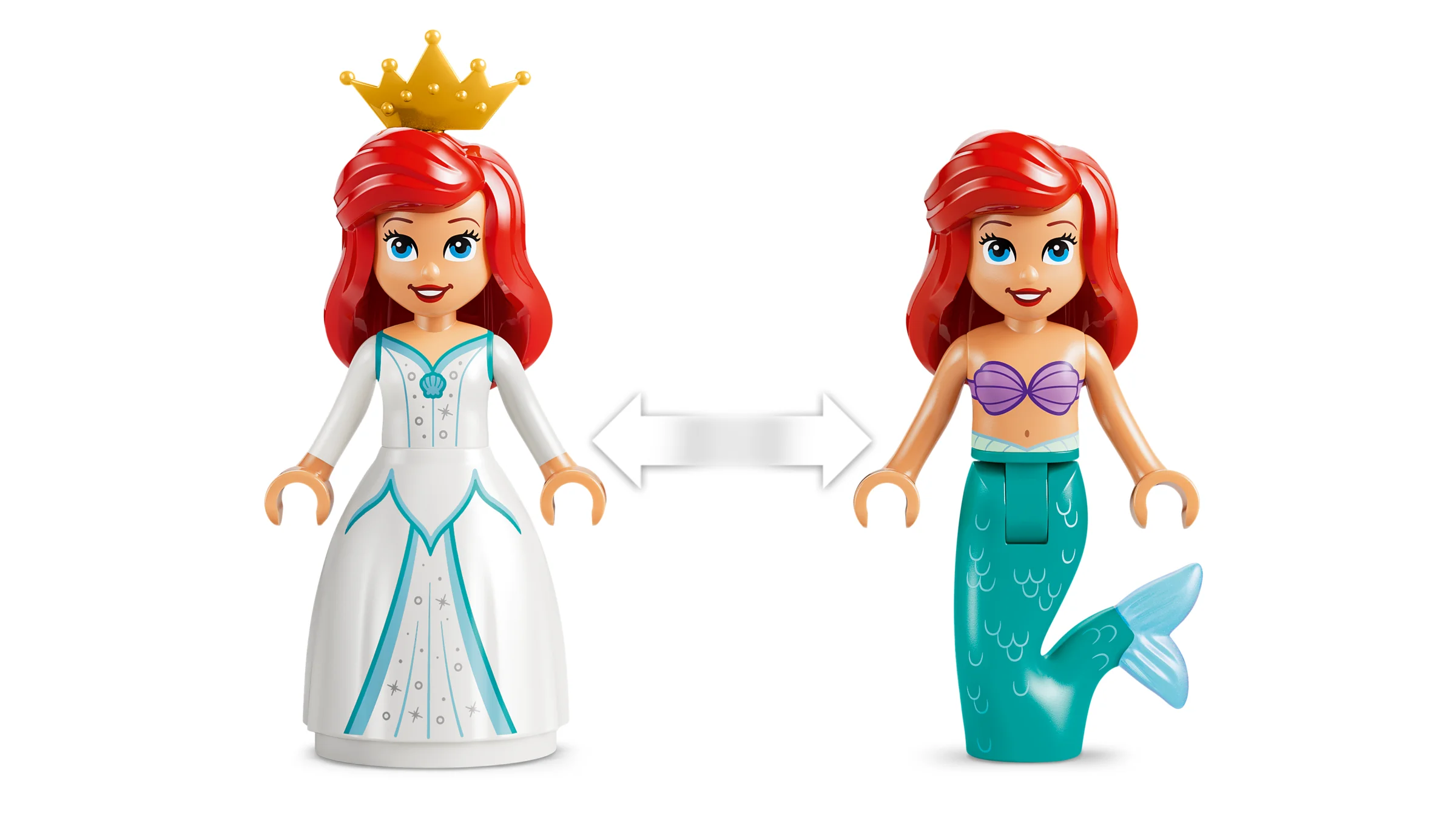 Ariel minifigurine: mireasă cu rochie și sirenă. Transformarea personajului este ilustrată.