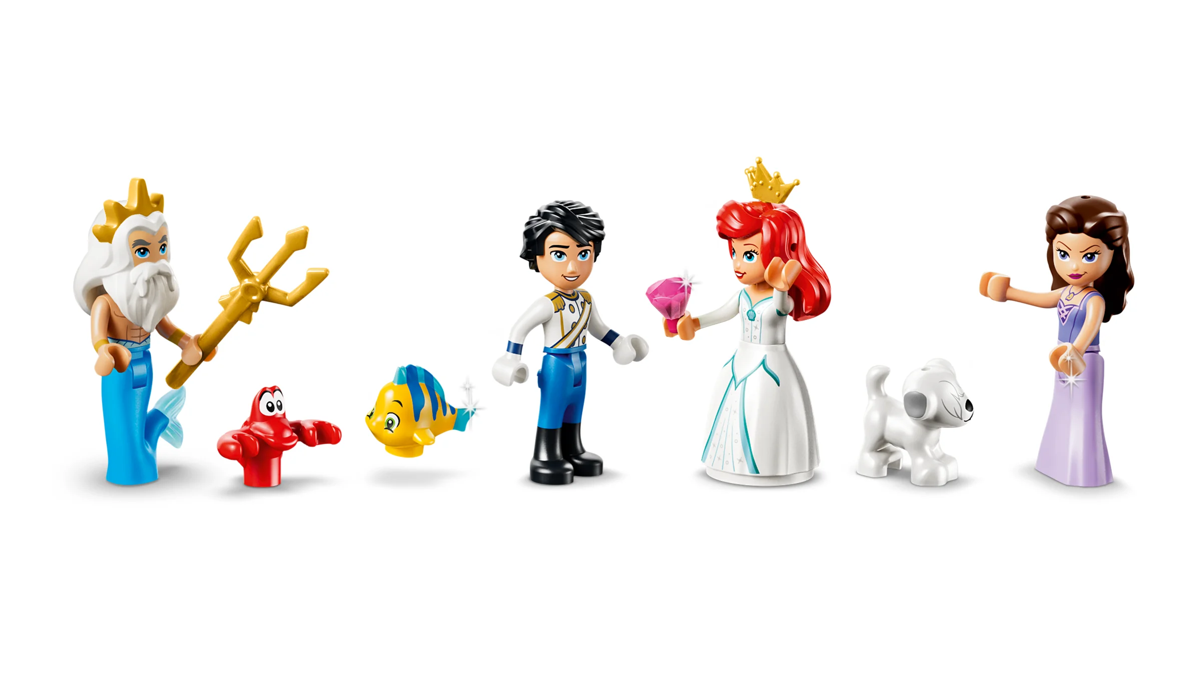 Prezentare detaliată a minifigurinelor din setul Ariel's Royal Wedding Boat. Personaje cu detalii distinctive.