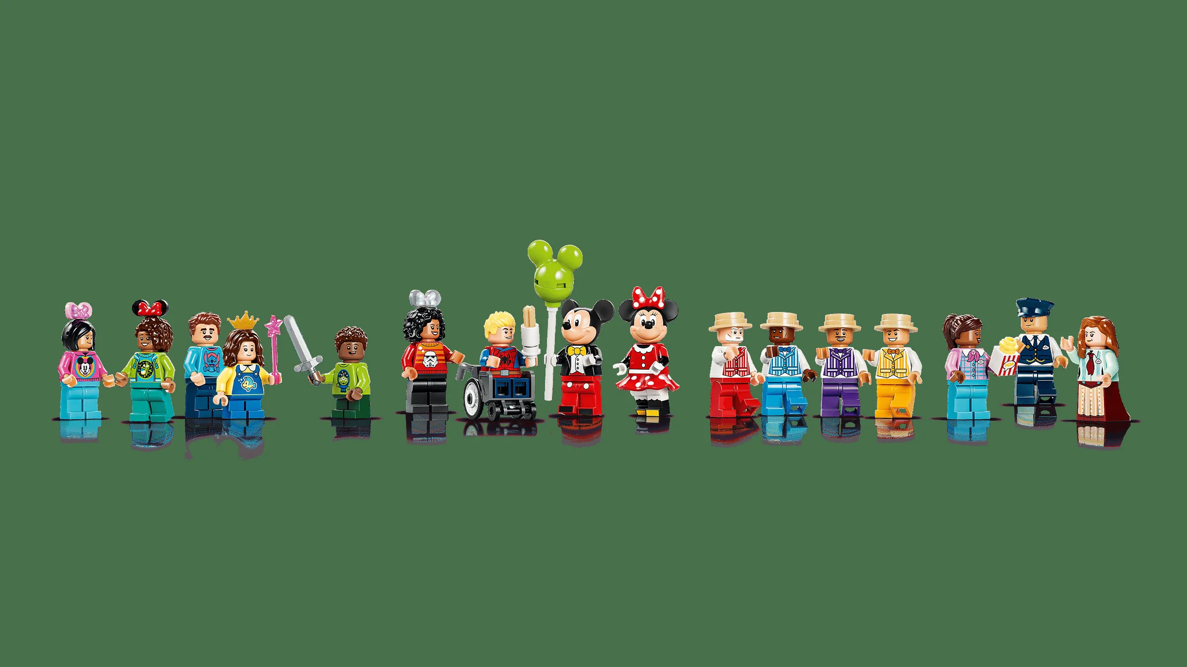Prezentare detaliată a minifigurinelor LEGO Disney, set 43302. Figurine colorate și diverse, perfecte pentru joacă.