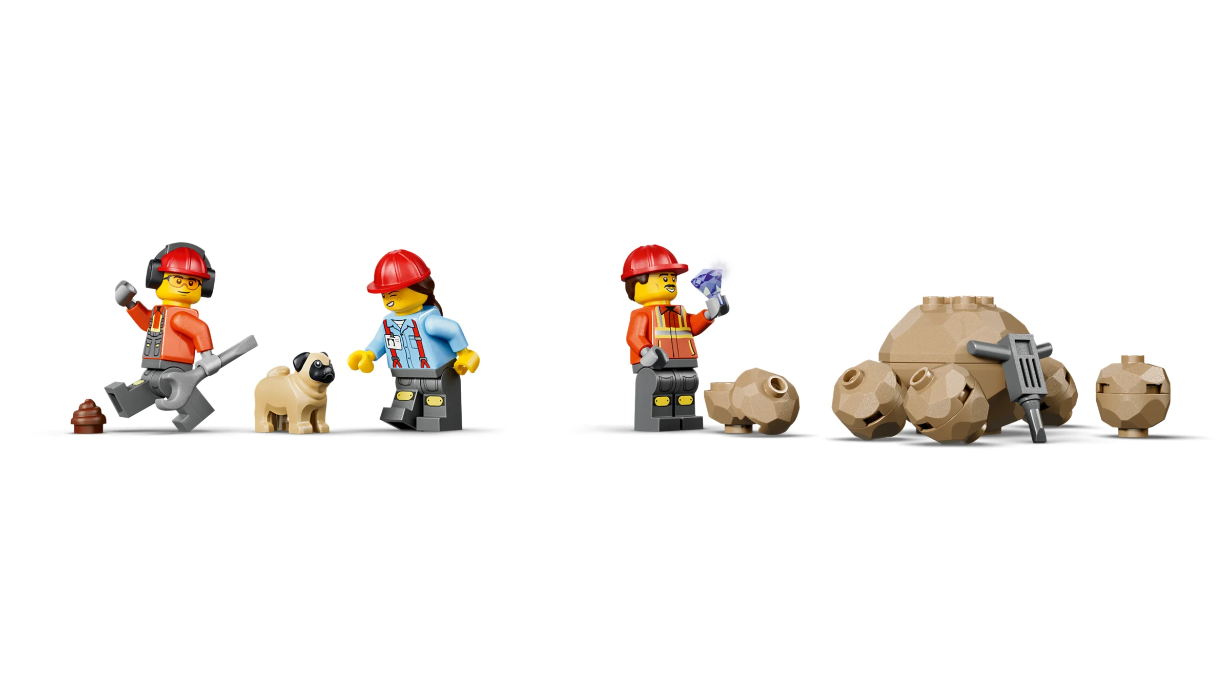 Prezentare minifigurine și accesorii: muncitori, câine, diamante, excavator, scule.