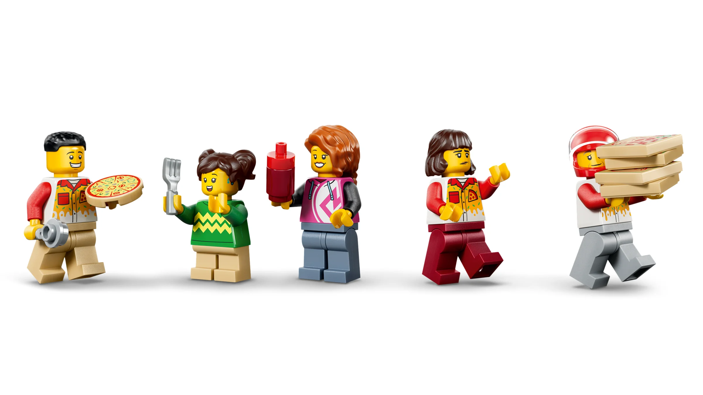 Prezentare detaliată a minifigurinelor LEGO din setul Livrare de pizza. Distracție garantată!