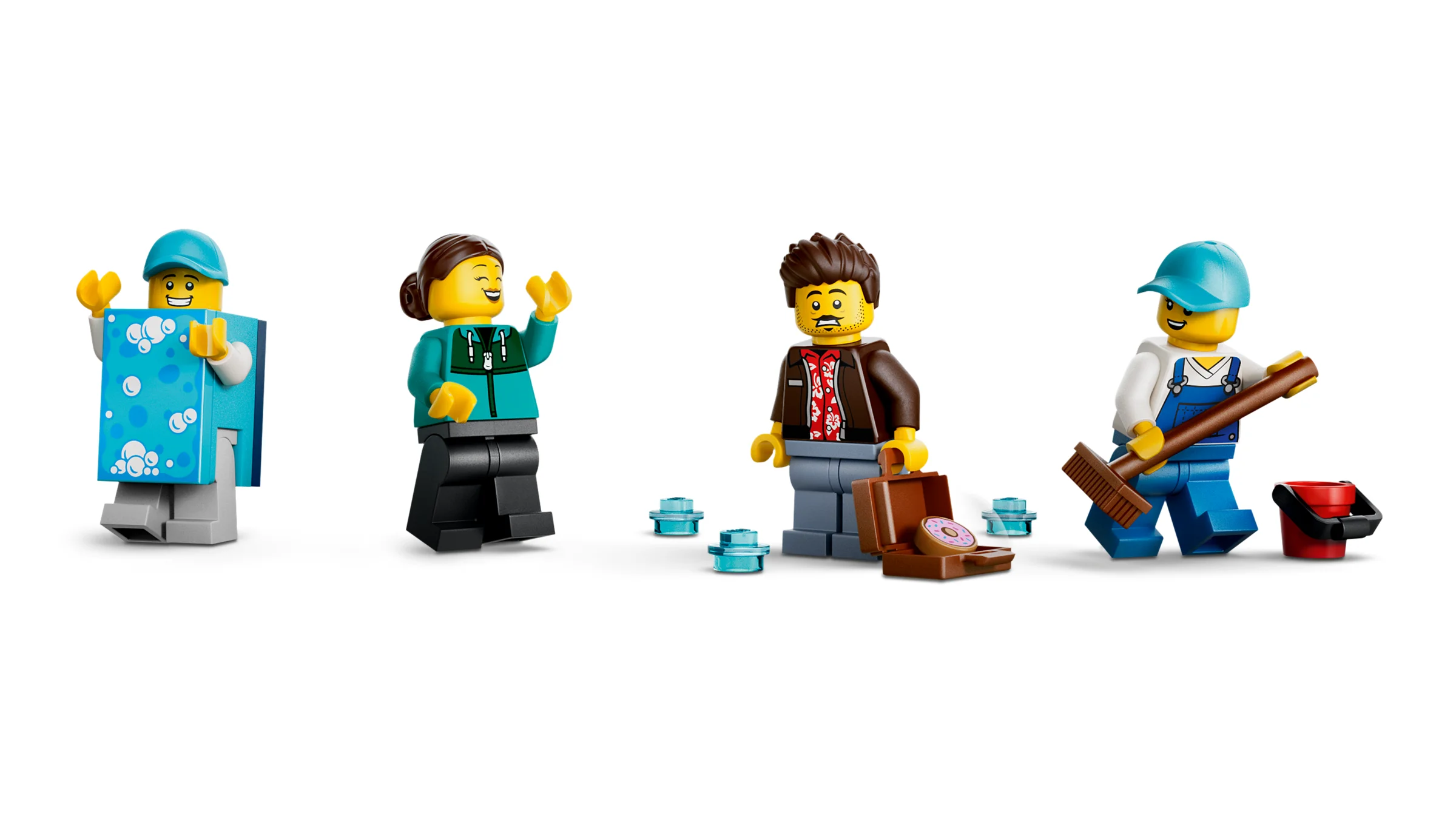 Prezentare a minifigurinelor LEGO din setul Spălătorie Auto, cu detalii amuzante.