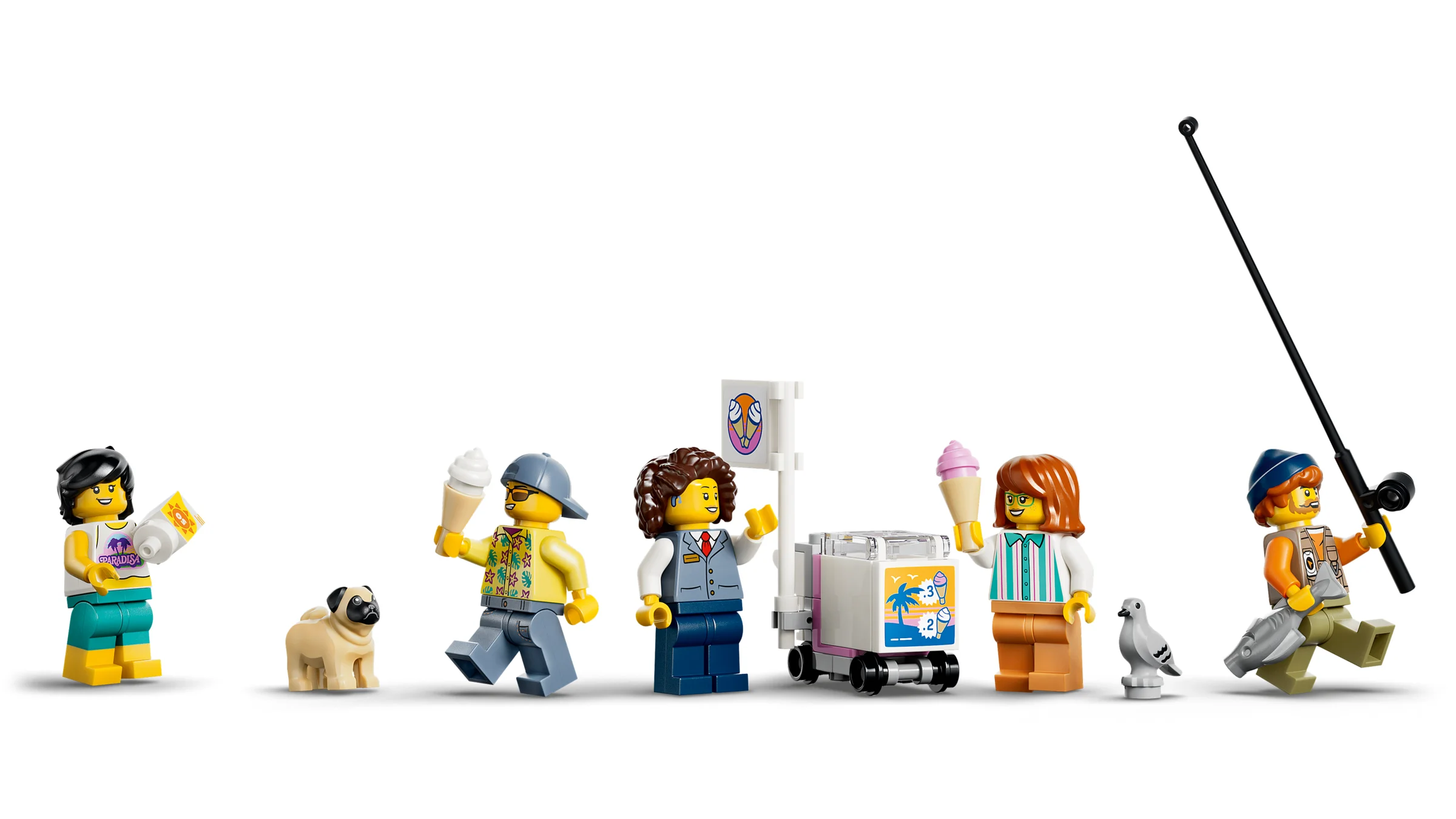 Imagine cu toate minifigurinele setului 60506 Classic Beach Tram, inclusiv accesorii și animale.