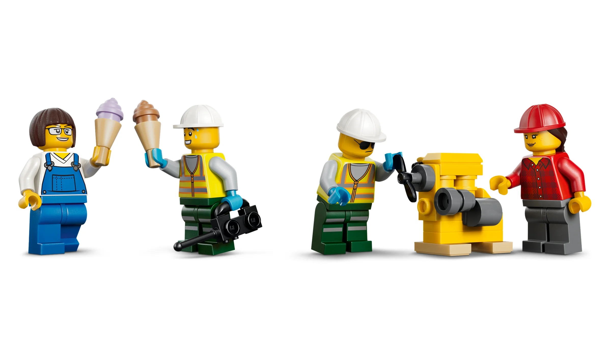 Imagine cu minifigurinele LEGO: o femeie cu înghețată, constructori și un utilaj galben.