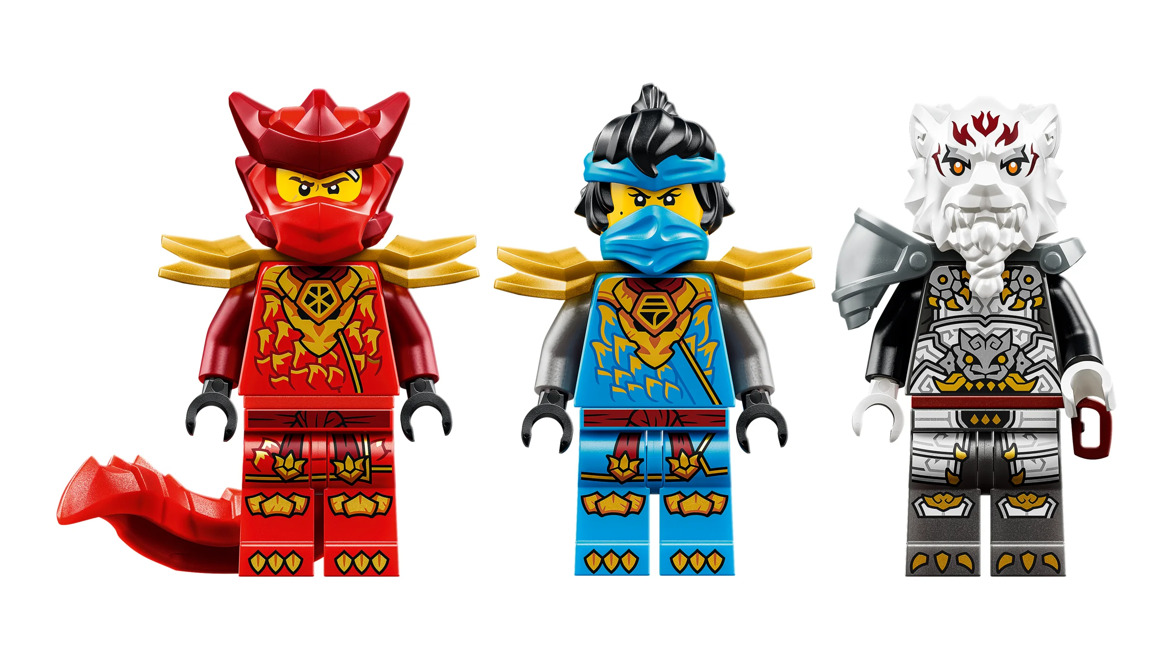 Prim-plan cu cele trei minifigurine LEGO Ninjago din setul 71863: Kai, Sora și Lordul Ras.