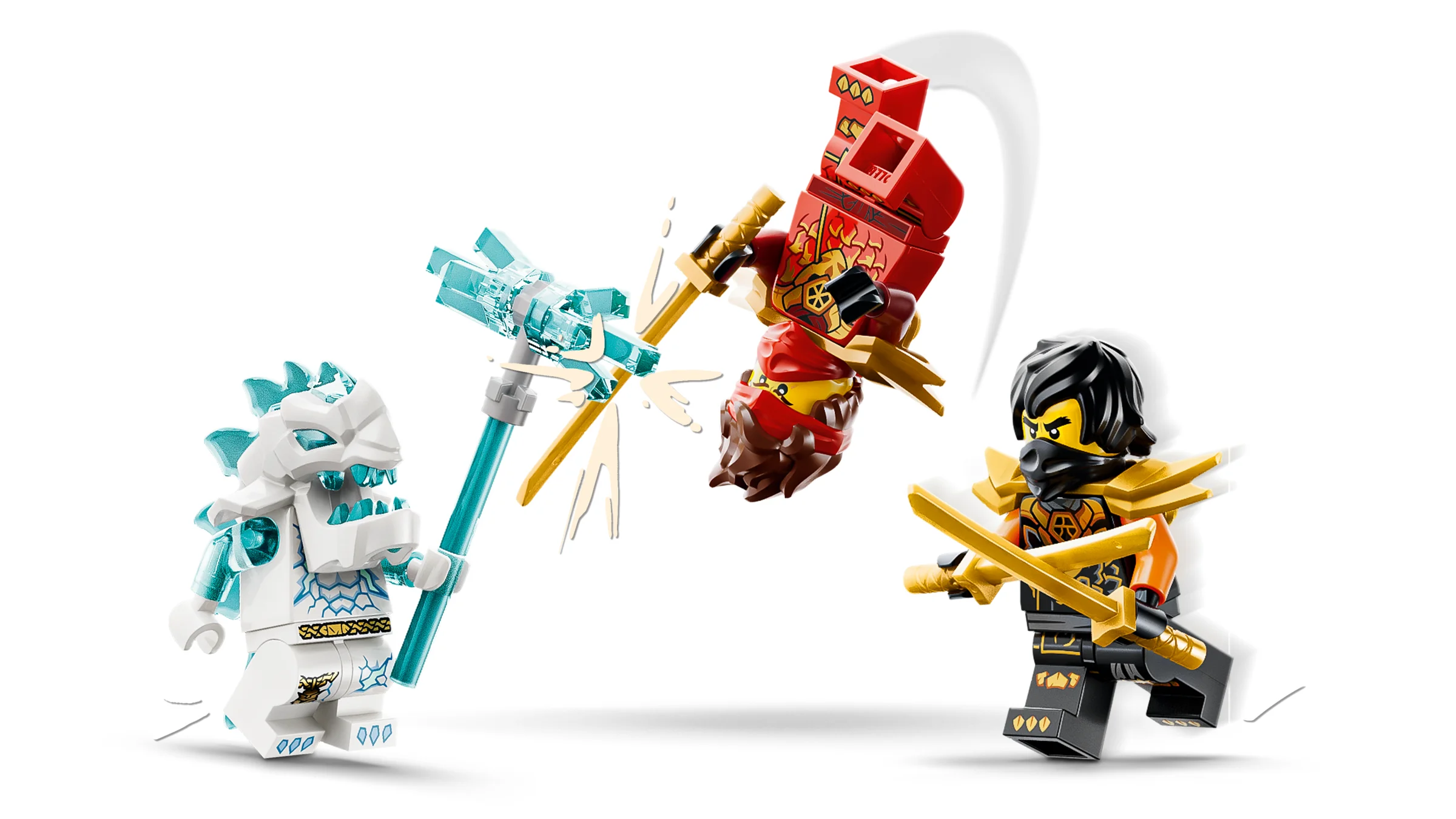 Mini-figurinele LEGO Ninjago: Kai, Cole și un războinic lup de gheață. Acțiune cu săbii!