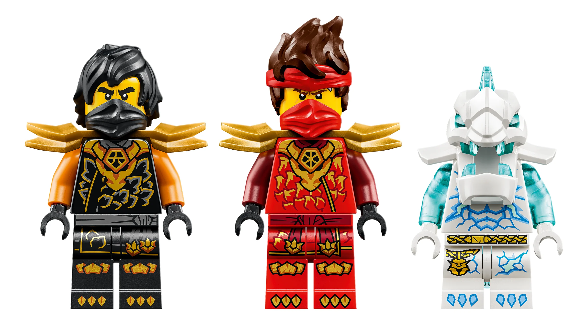 Prim-plan cu minifigurinele Kai, Cole și un personaj ice-themed din setul LEGO Ninjago 71864.