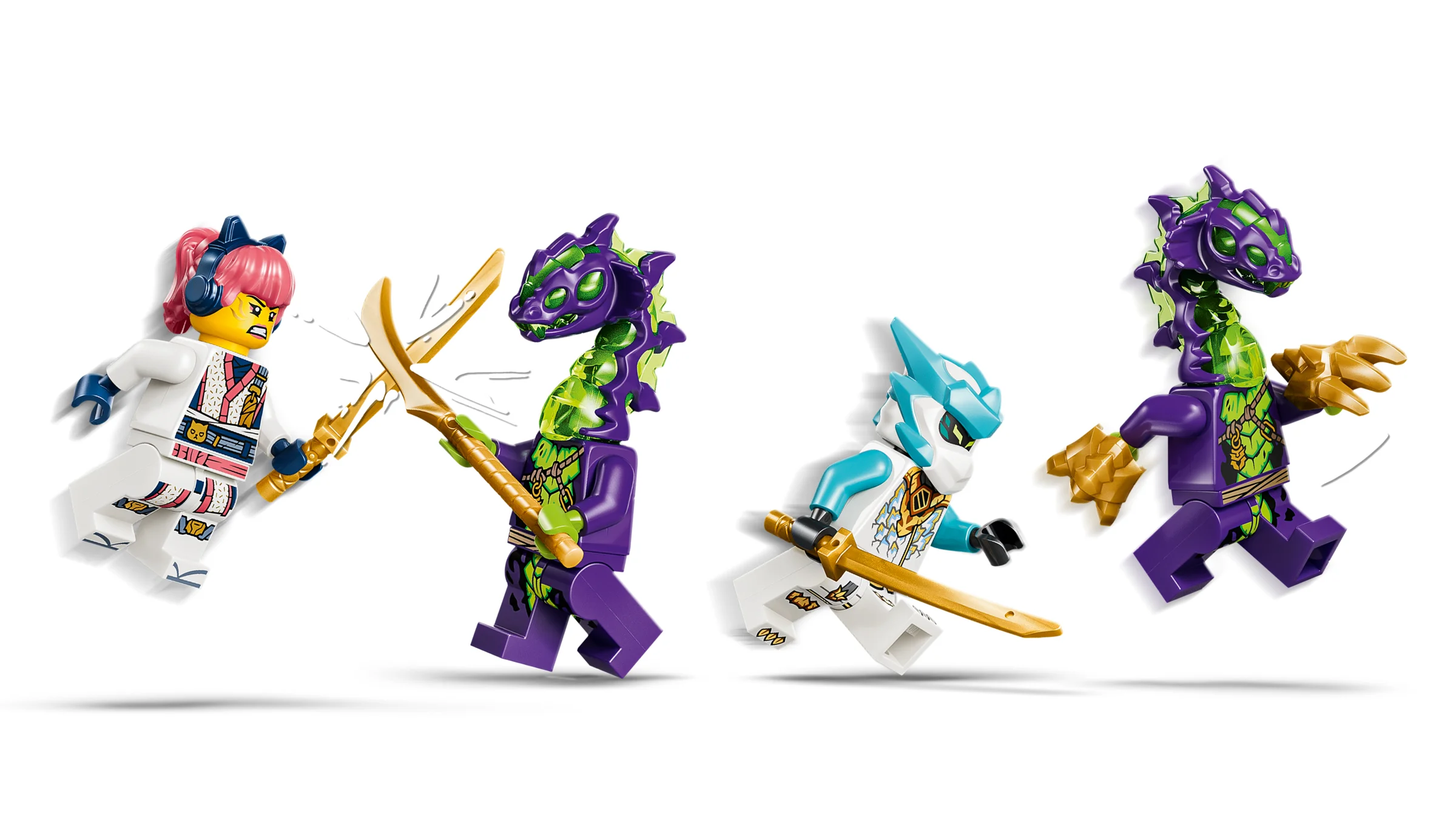 Minifigurinele Ninjago Zane și dușmanii săi în luptă. Detalii figurine și arme.