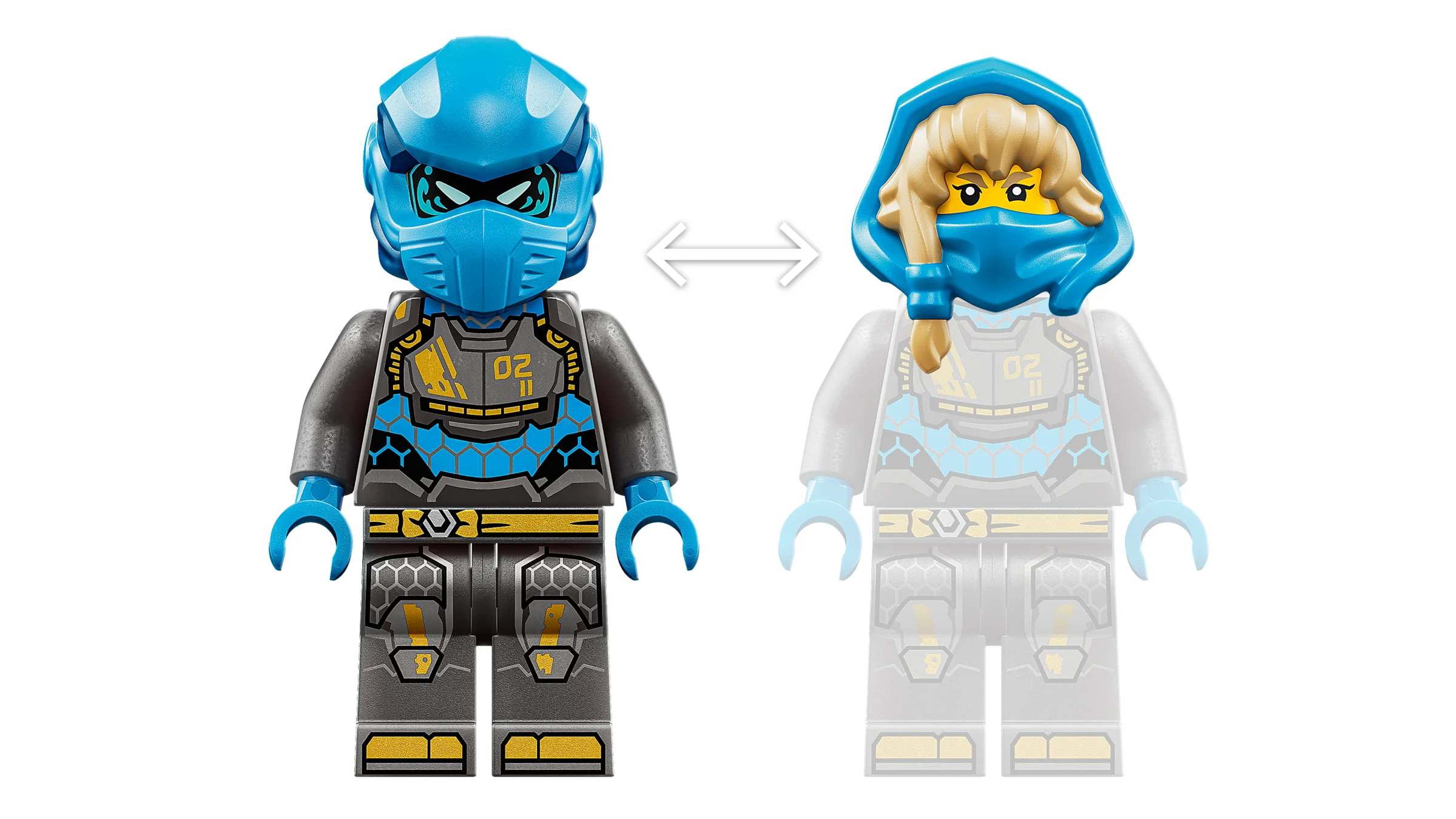 Prezintă minifigurina LEGO a lui Arin, cu opțiuni de mască și glugă albastră.