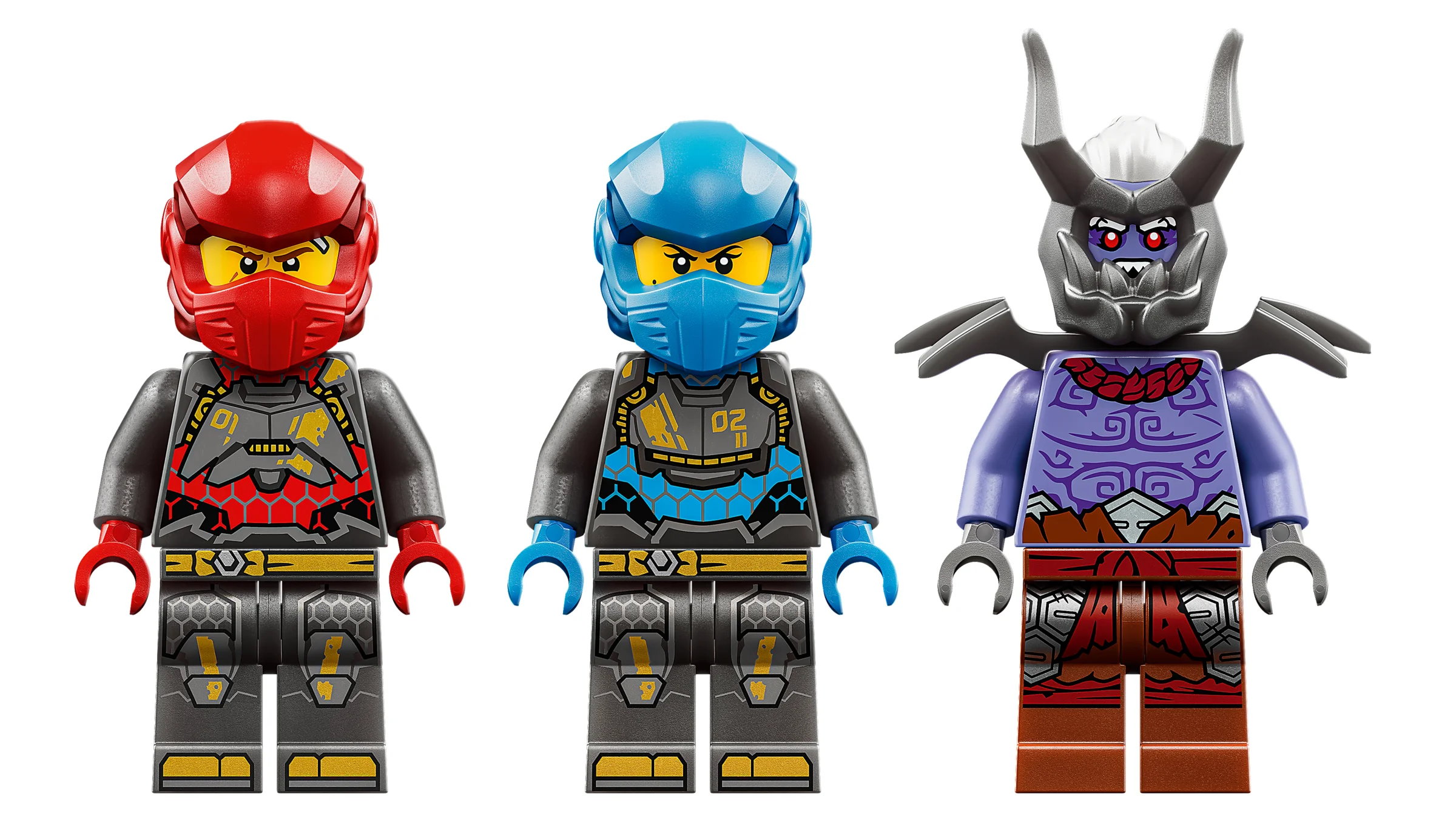 Prim plan cu cele 3 minifigurine LEGO Ninjago: Arin, Sora și Lord Ras.