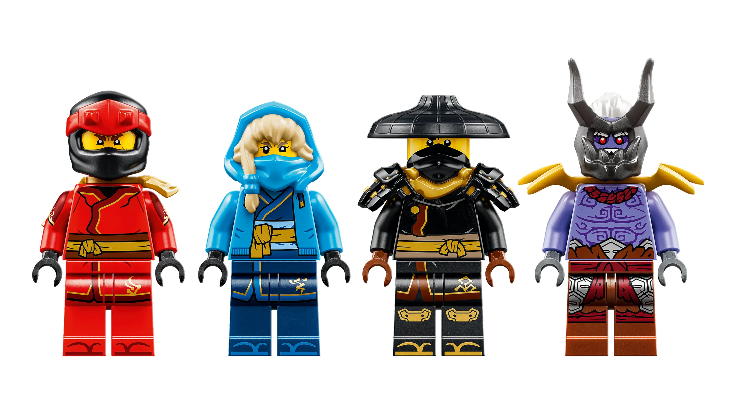 Prezentare a patru minifigurine LEGO Ninjago: Kai, Nya, Cole și Lord Ras.