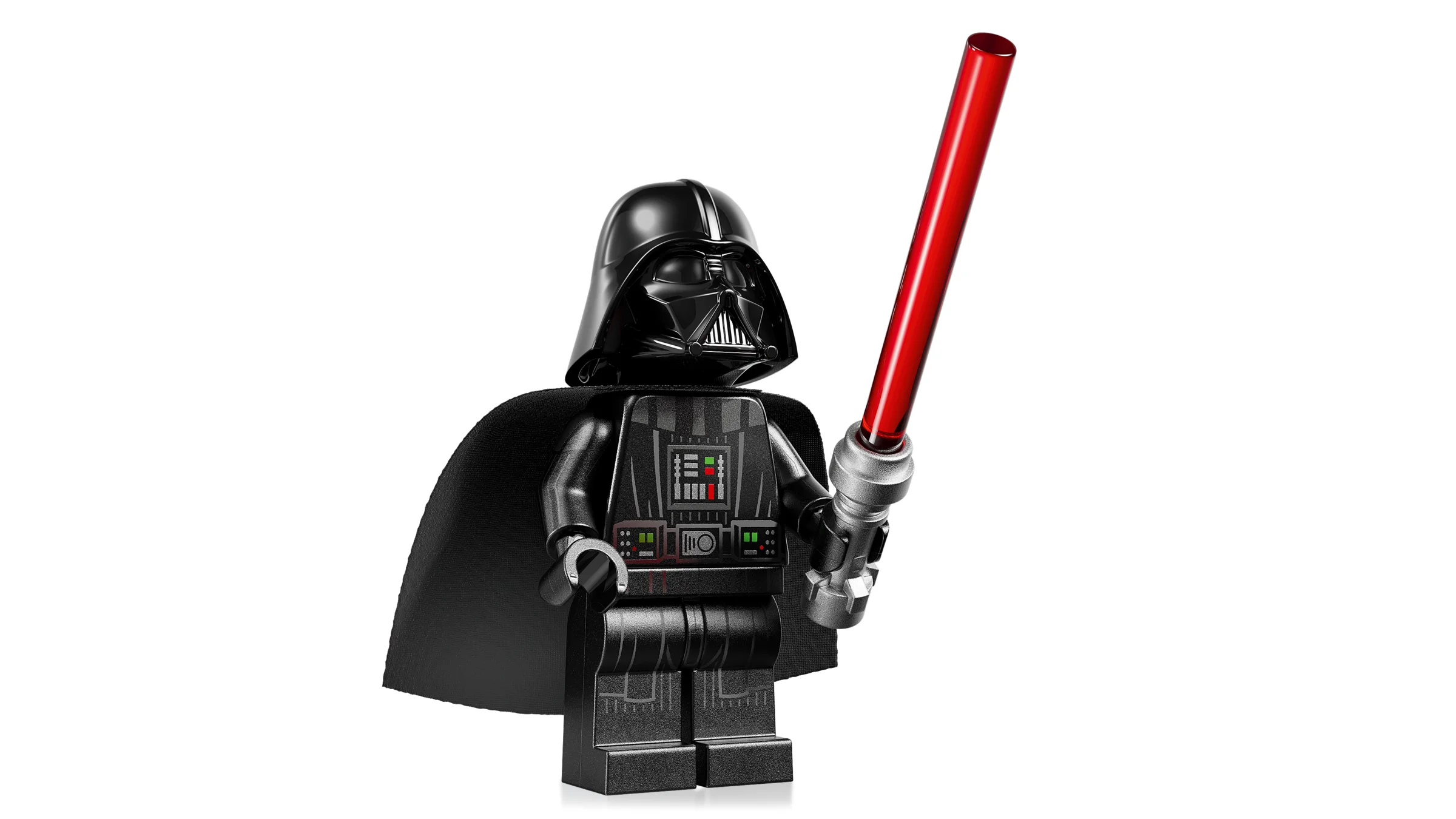 Figurină LEGO Darth Vader, cu cască, capă și sabie laser roșie. Detaliu excelent.