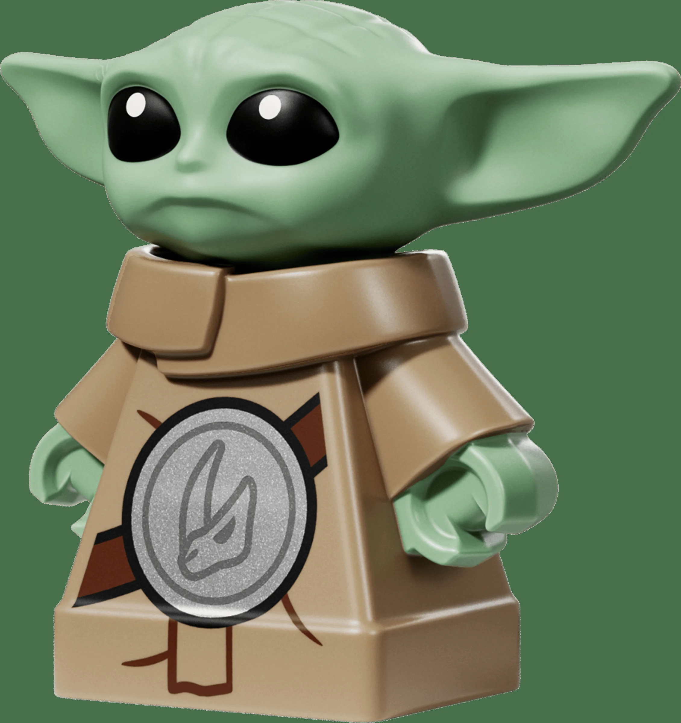 O figurină LEGO Grogu, cunoscută și ca Baby Yoda, cu detalii fine.
