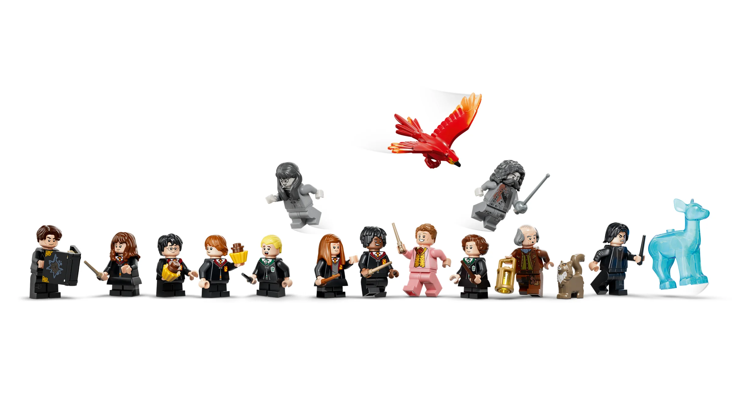 Prezentare detaliată a minifigurinelor LEGO Harry Potter din setul 76473, cu diverse personaje și elemente magice.