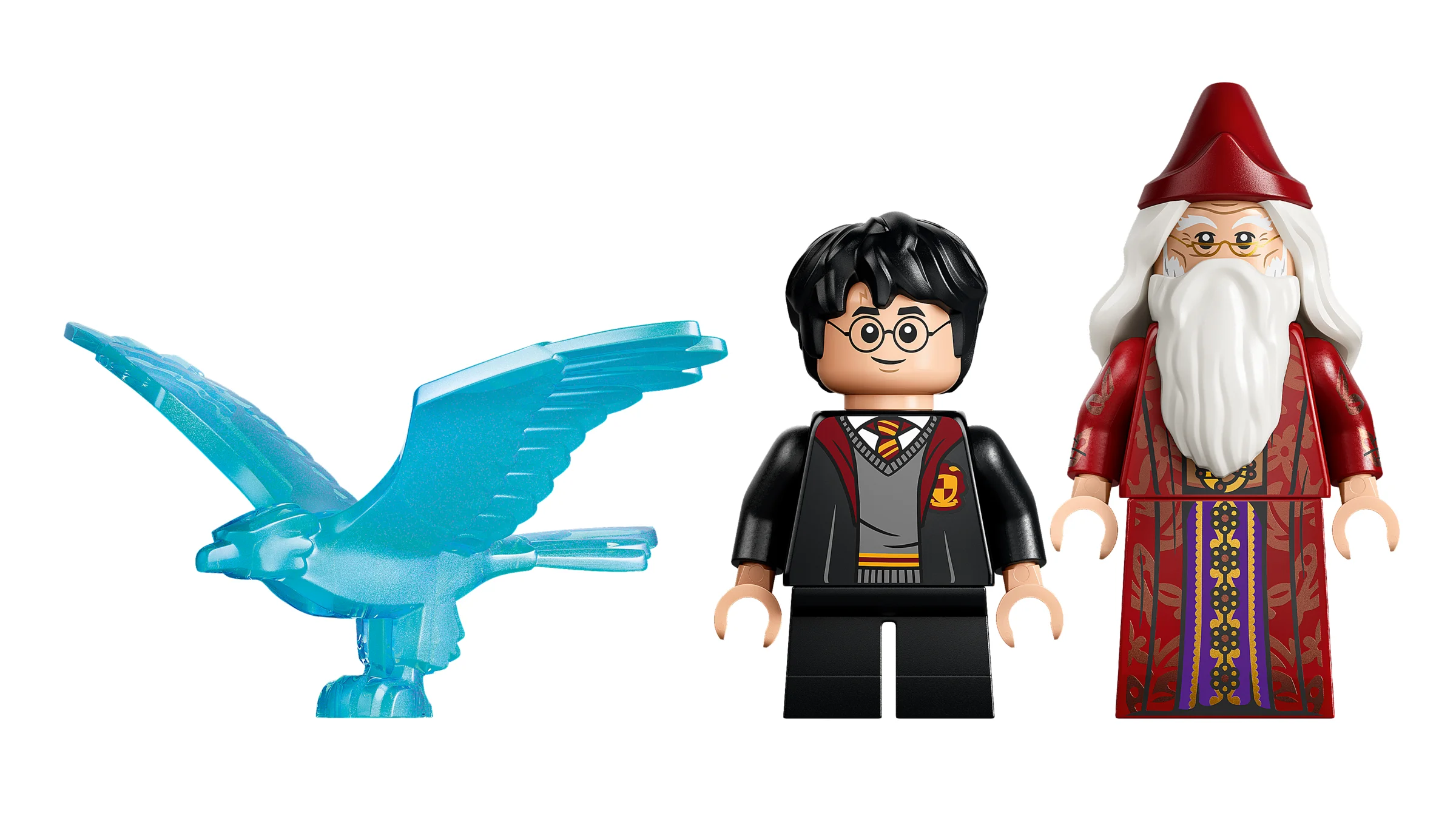 Imagine cu minifigurinele Harry Potter și Dumbledore, plus statueta vulturului albastru, toate detaliate.