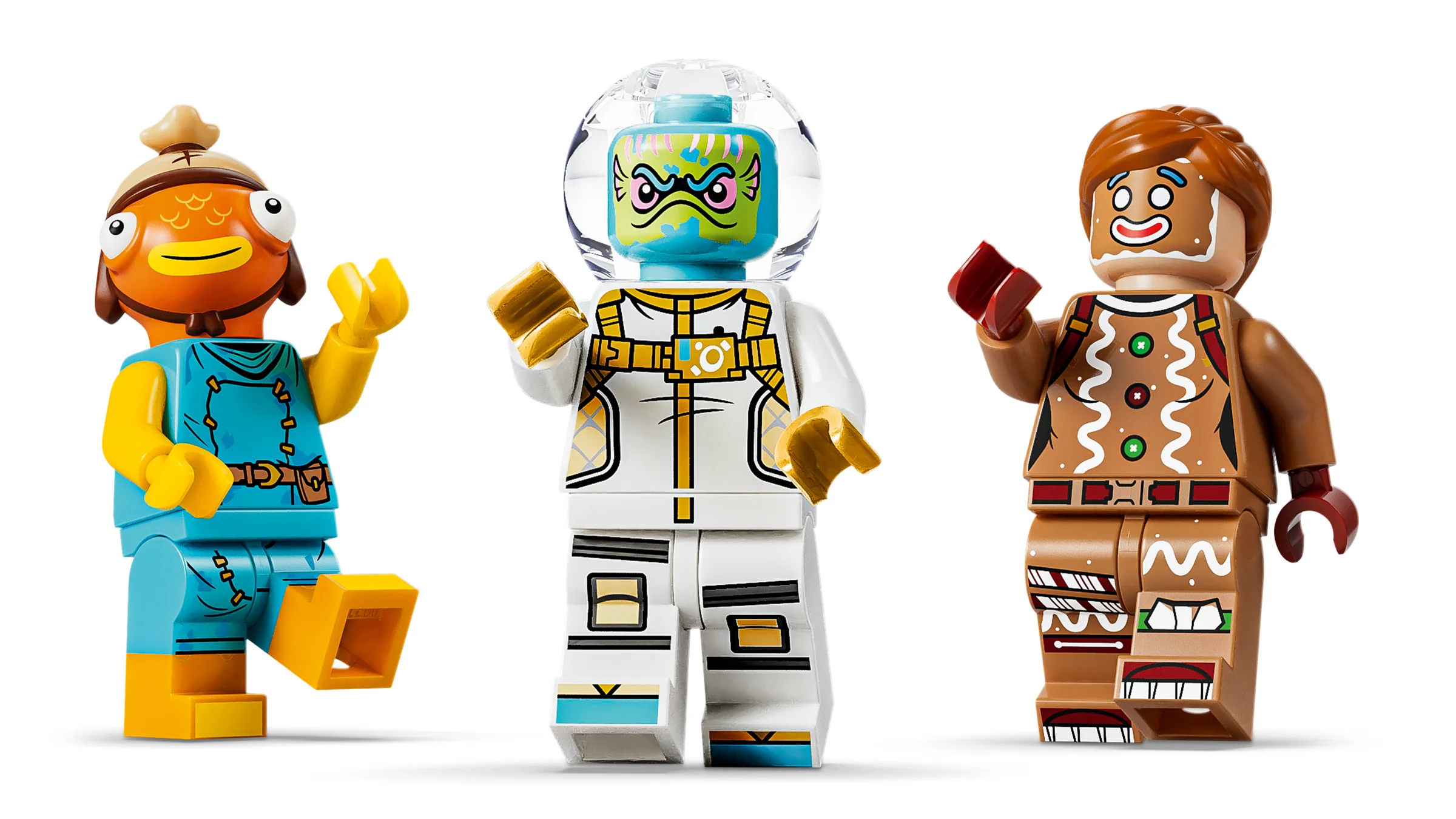 Prim-plan cu trei minifigurine Fortnite LEGO: Fishstick, Zoey și un personaj spațial.