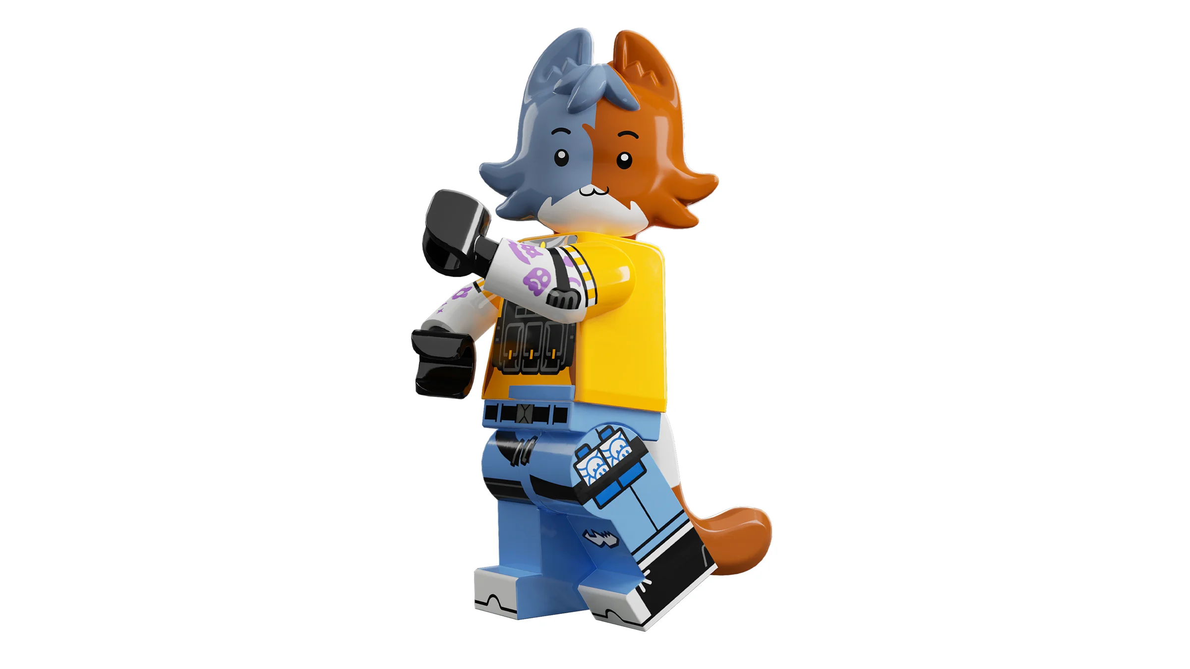 Prim-plan cu minifigurina LEGO Meowscles din Fortnite, o combinație de pisică și culturist.