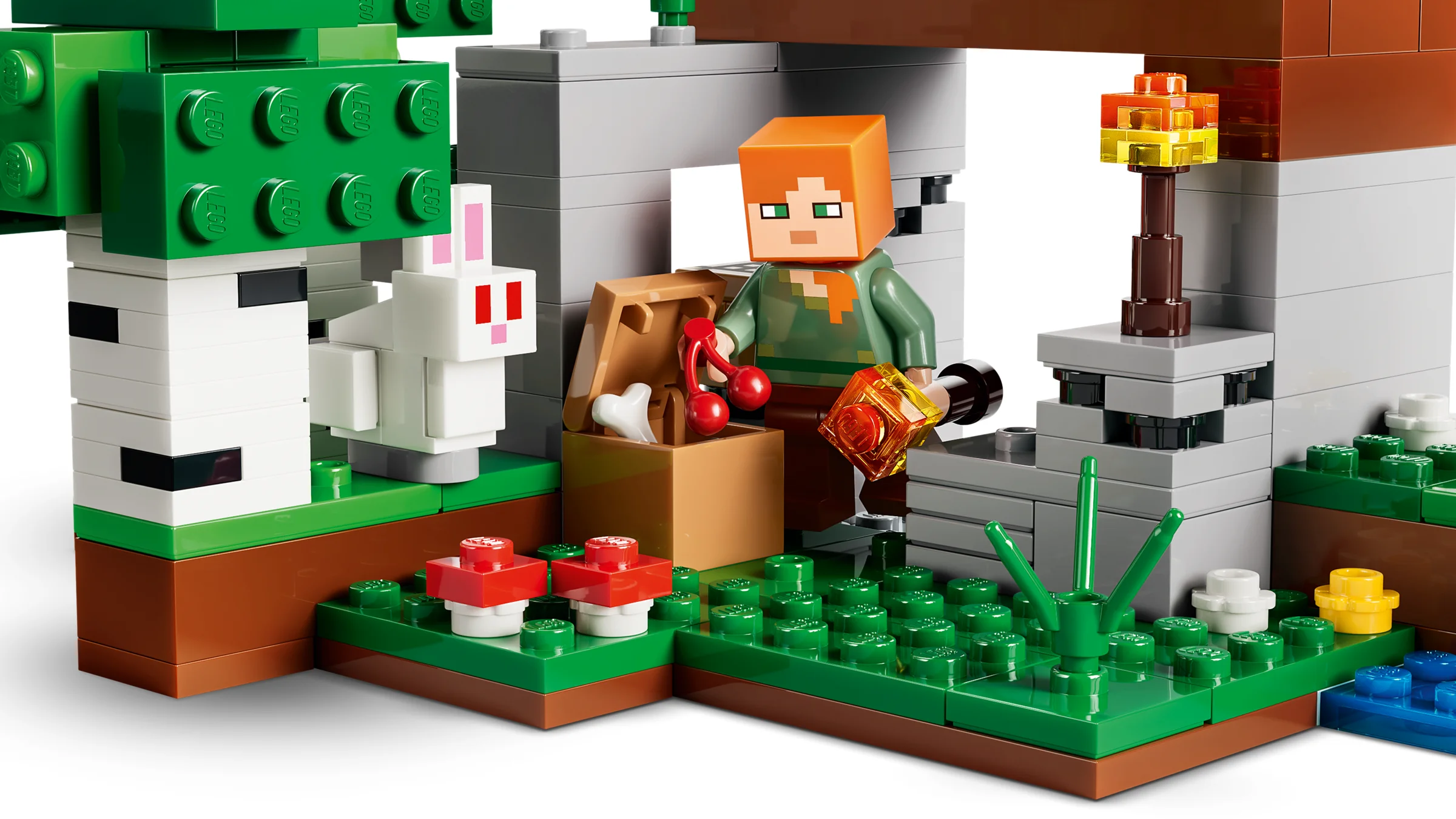 O scenă Minecraft cu Alex, un iepure, o casă și o torță, plină de detalii LEGO.