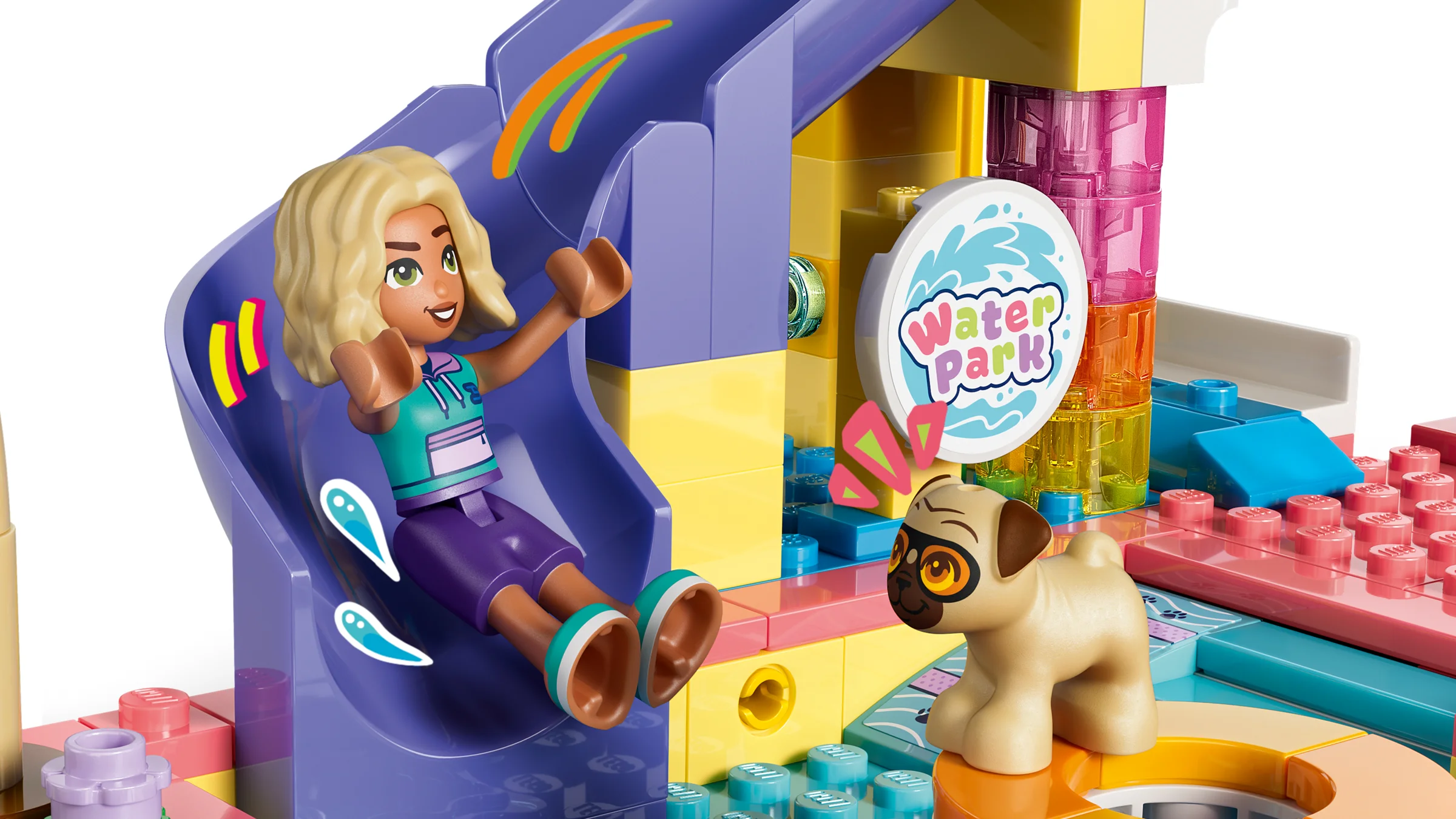 Scenă cu tobogan, personaj LEGO și cățel la parcul acvatic LEGO Friends.