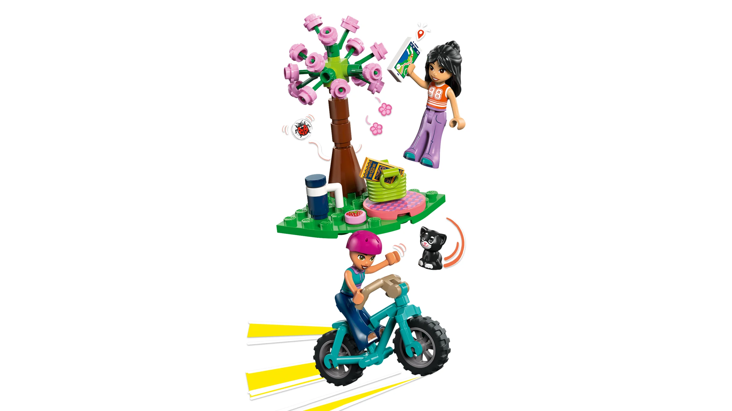 Mini-scene cu minifigurine și accesorii: bicicletă, picnic, hartă, animal de companie.