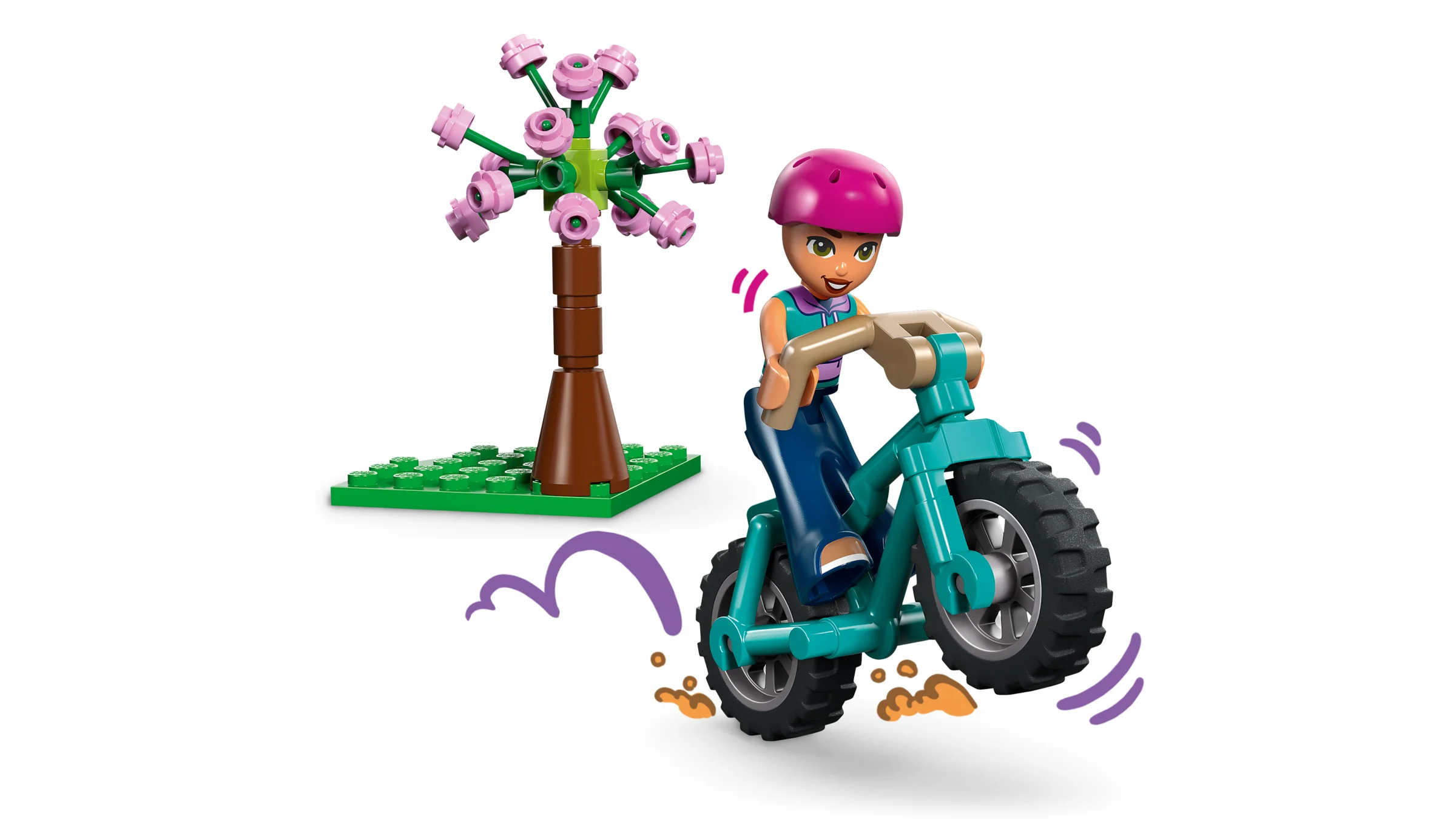 O minifigurină LEGO Friends merge cu bicicleta lângă un copac cu flori roz.